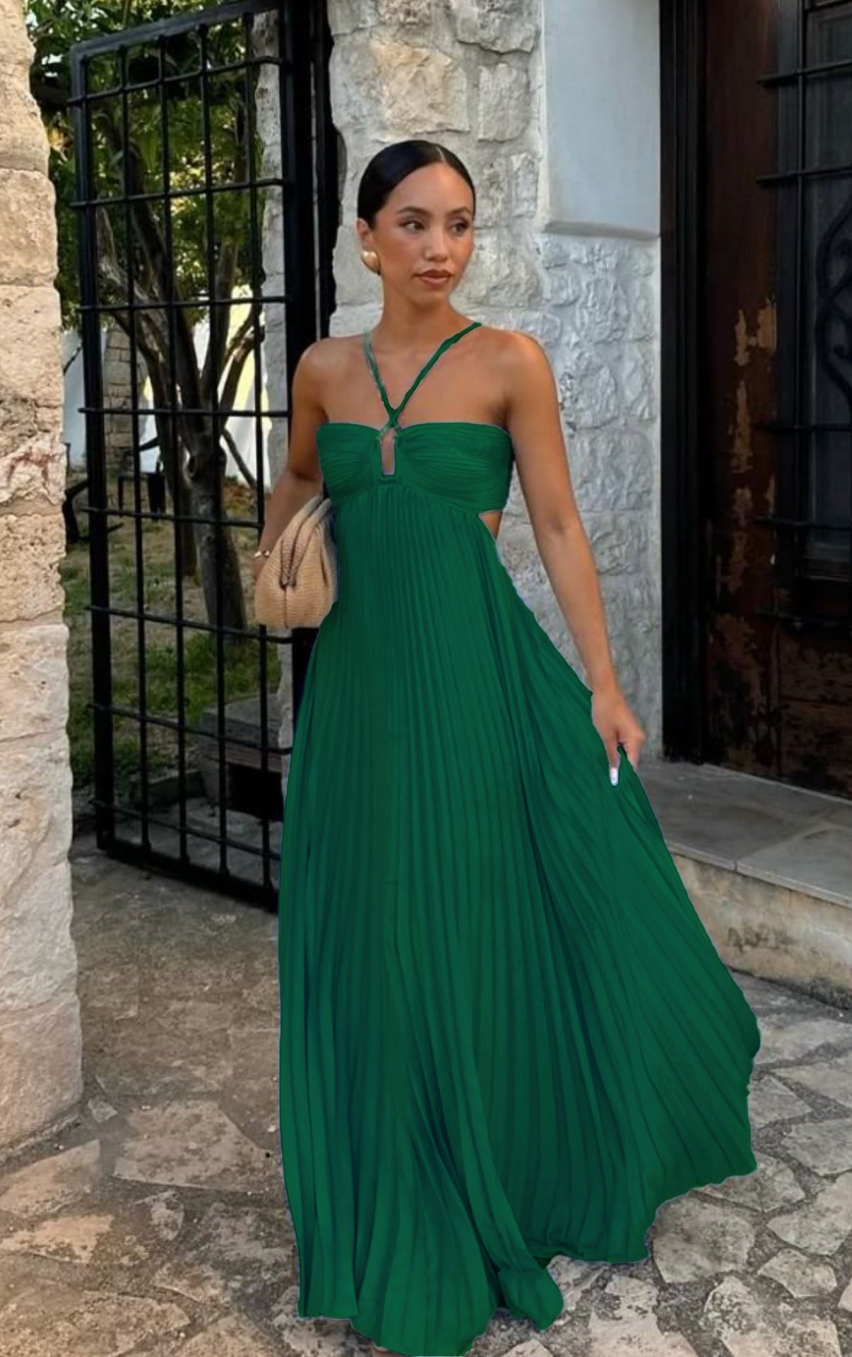 Pleated Sleeveless Maxi Evening Party Dress