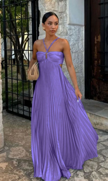 Pleated Sleeveless Maxi Evening Party Dress