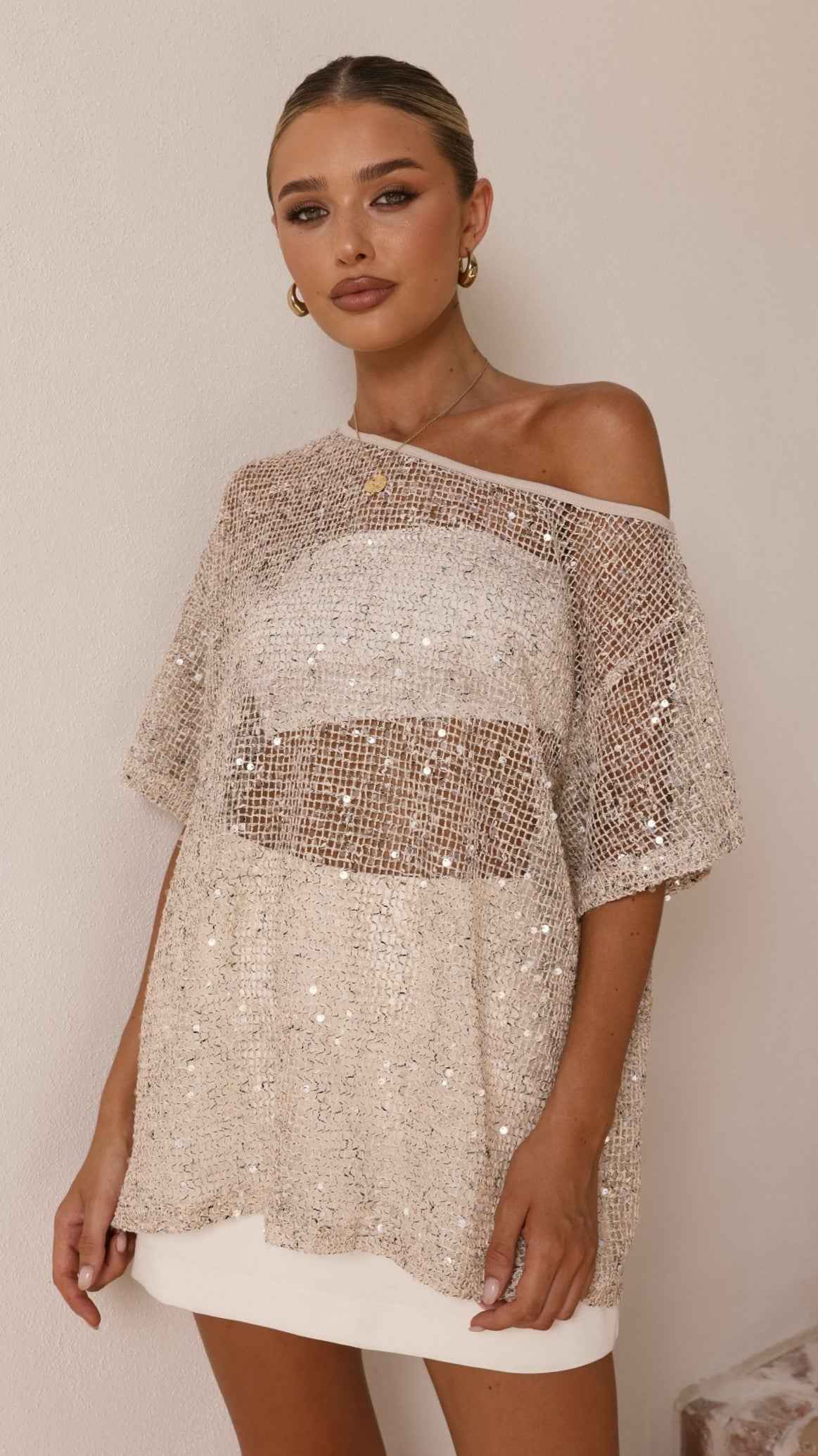 SEQUIN ONE-SHOULDER LONGLINE PARTY COCKTAIL TOP