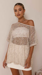 SEQUIN ONE-SHOULDER LONGLINE PARTY COCKTAIL TOP