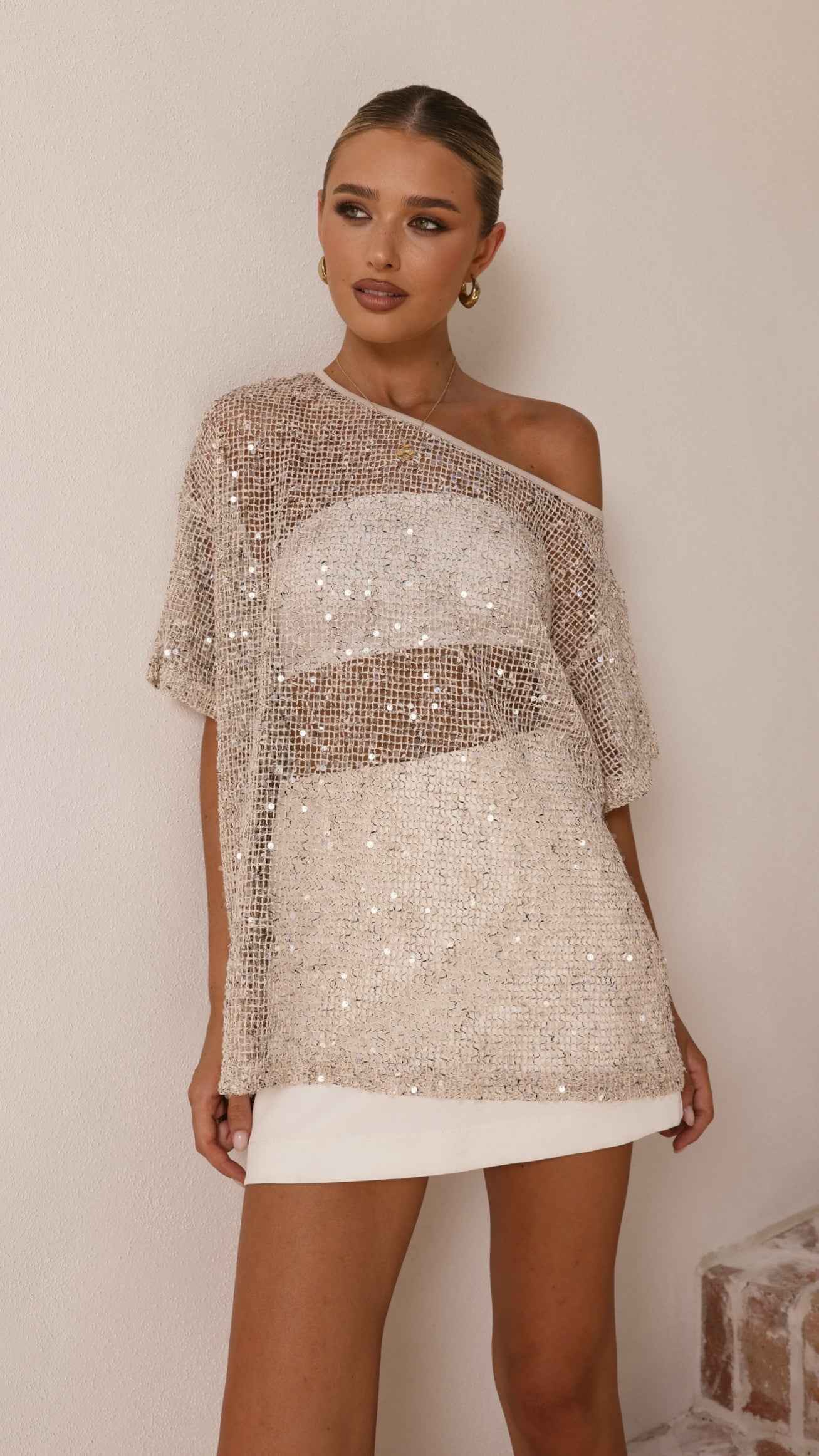 SEQUIN ONE-SHOULDER LONGLINE PARTY COCKTAIL TOP