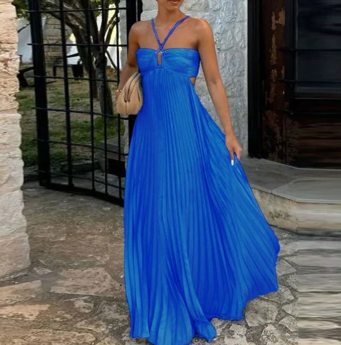 Pleated Sleeveless Maxi Evening Party Dress