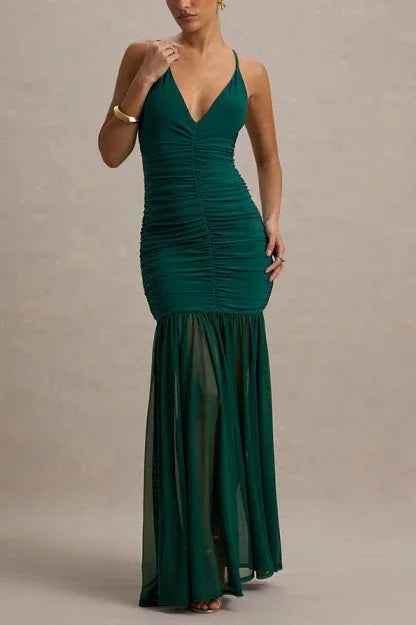 Mermaid Maxi Dress - Pleated Stretch V-Neck