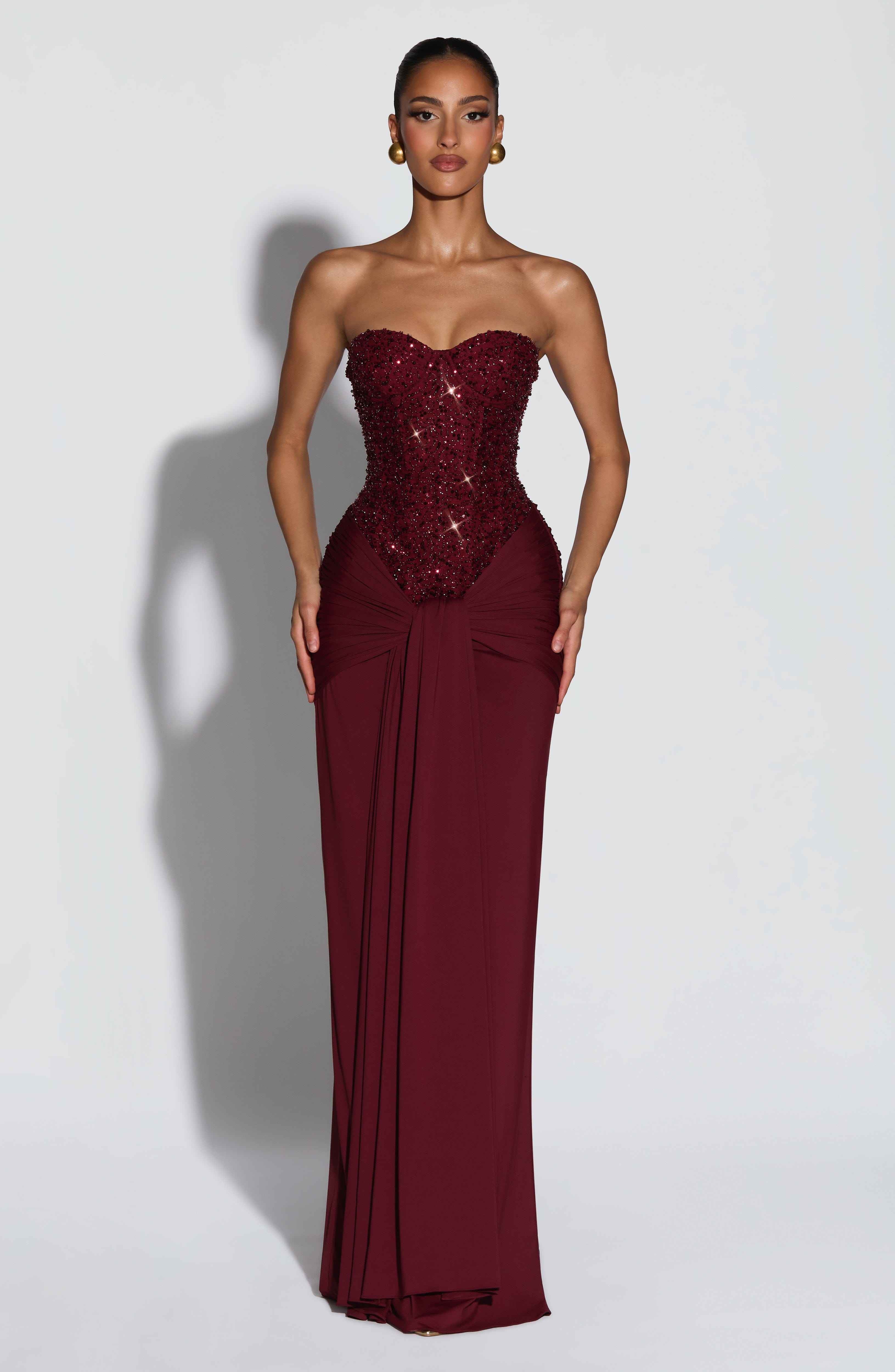Carina Maxi Dress - Burgundy Embellished Strapless