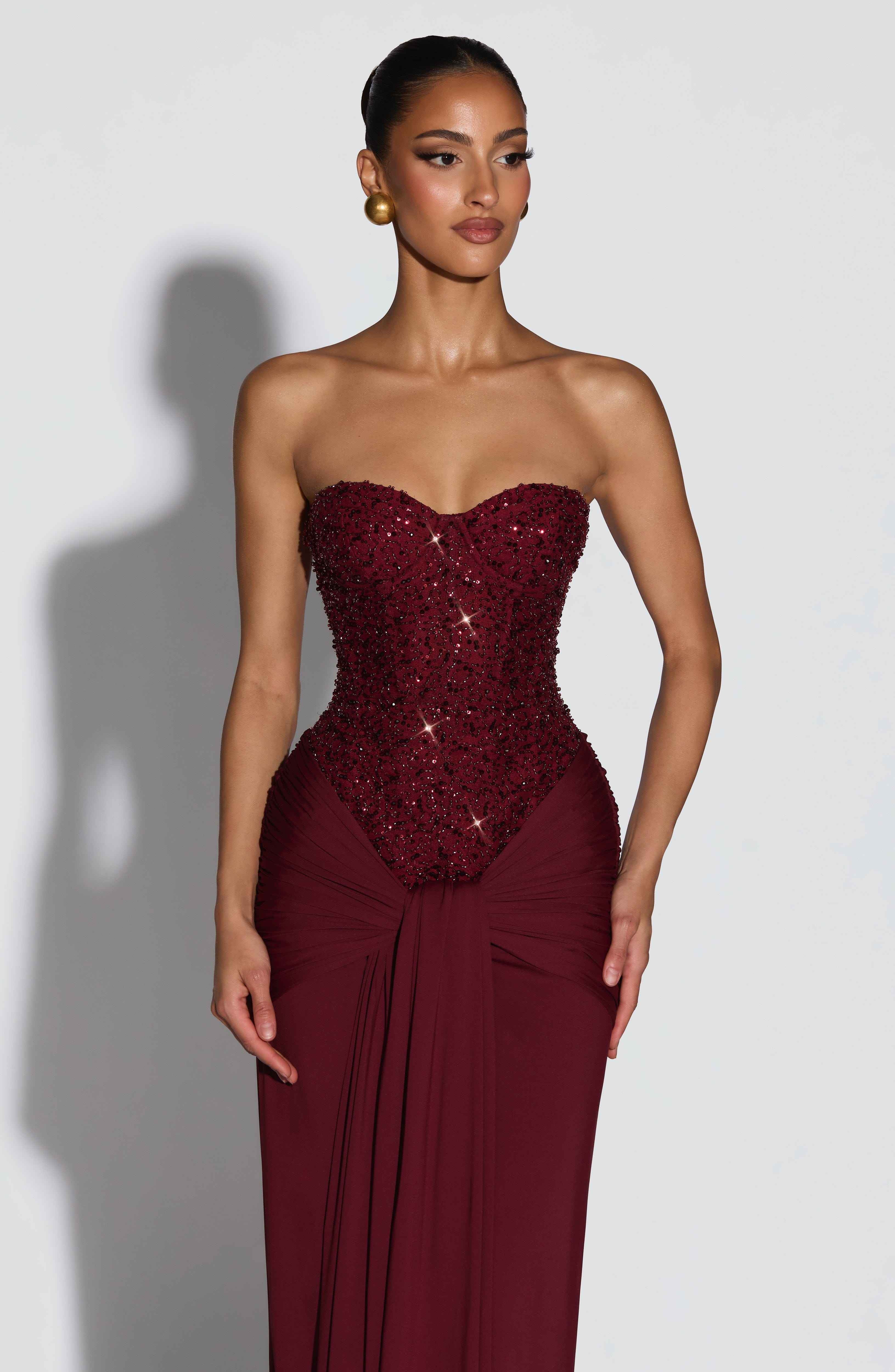 Carina Maxi Dress - Burgundy Embellished Strapless