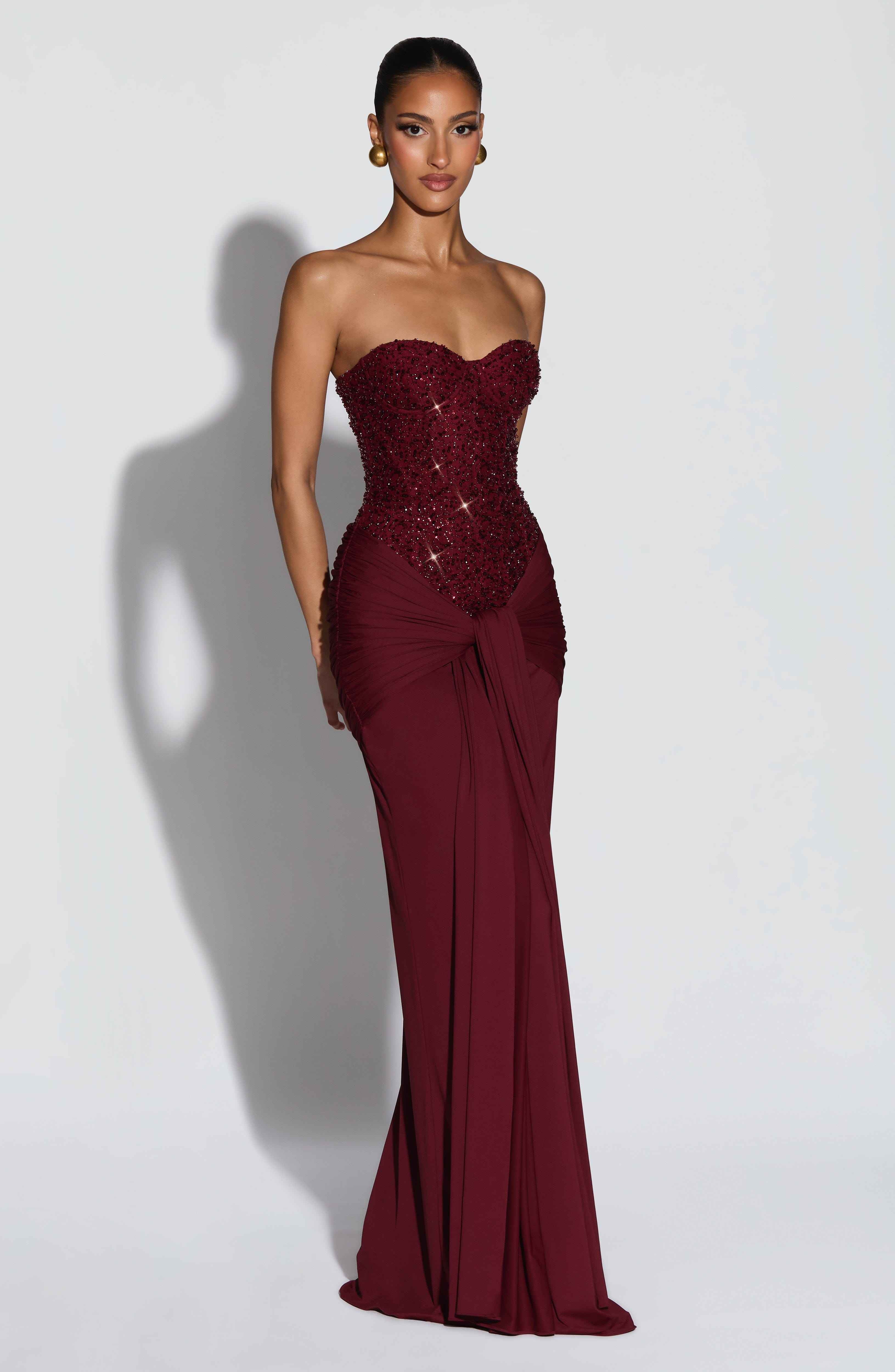 Carina Maxi Dress - Burgundy Embellished Strapless