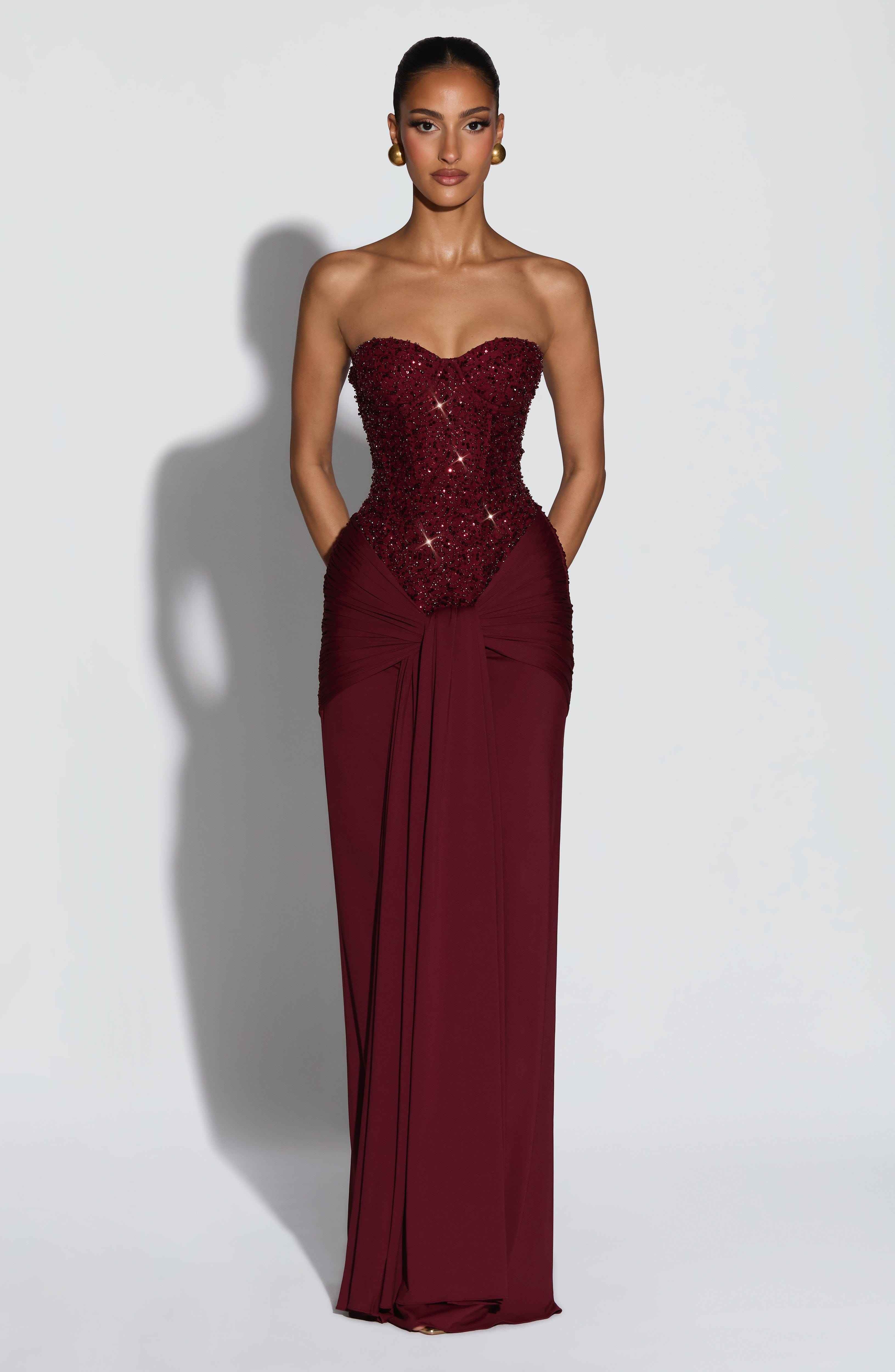 Carina Maxi Dress - Burgundy Embellished Strapless