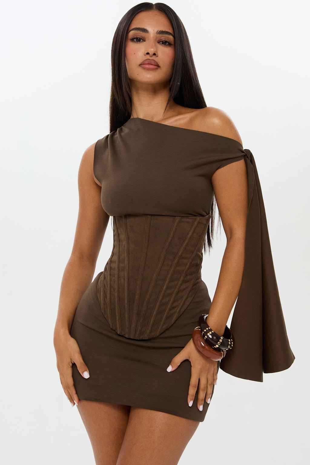 Khaki Suede Touch Corset with Drop Basque Waist