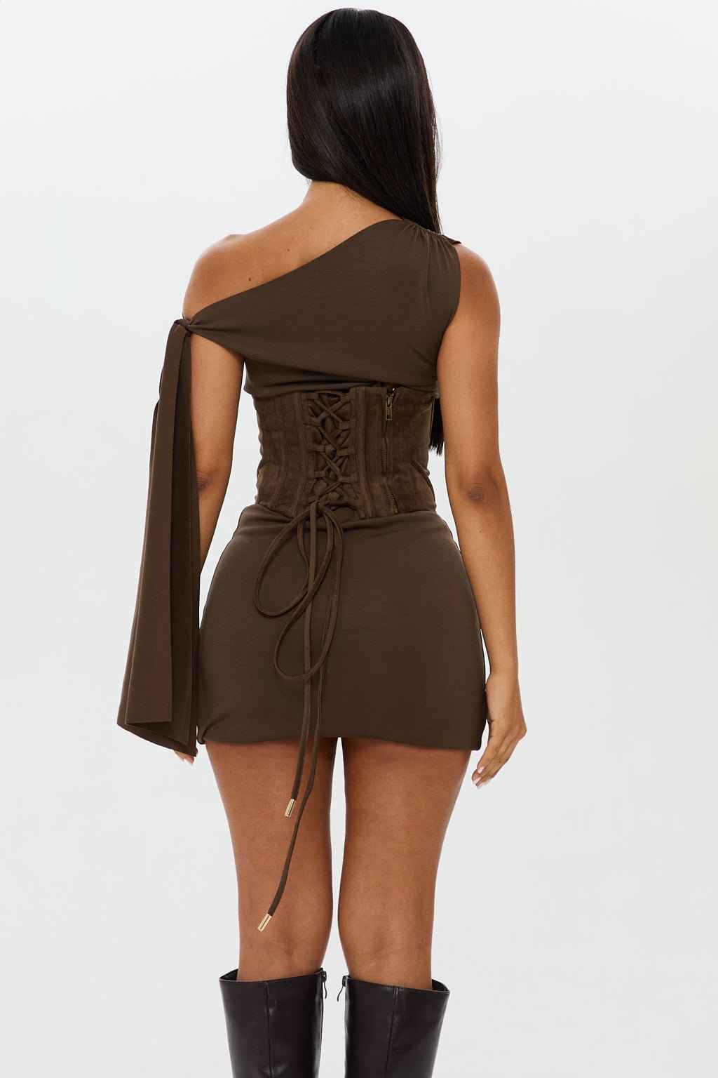 Khaki Suede Touch Corset with Drop Basque Waist