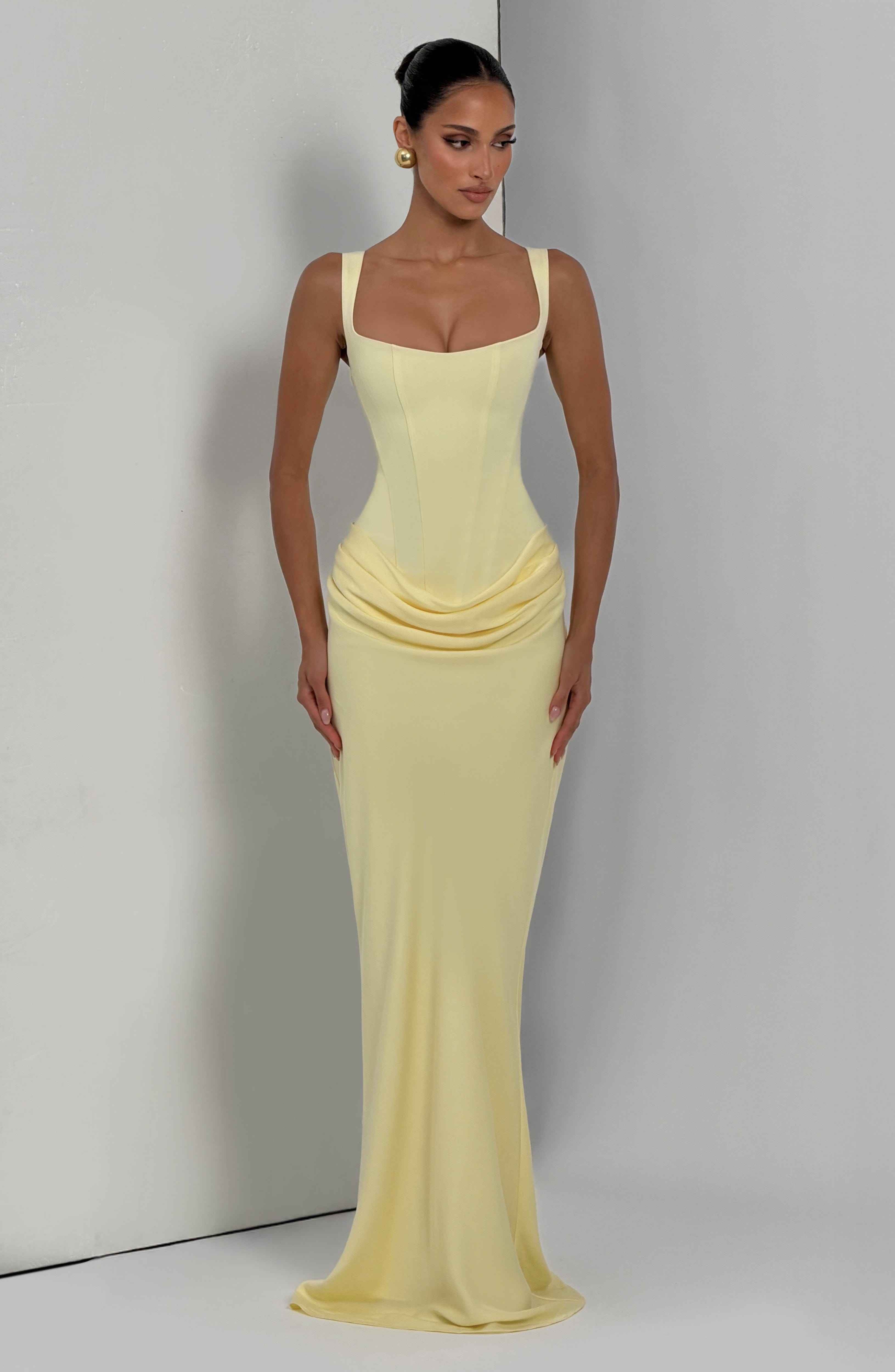 Cornelia Maxi Dress - Lemon Crepe Lace-Up