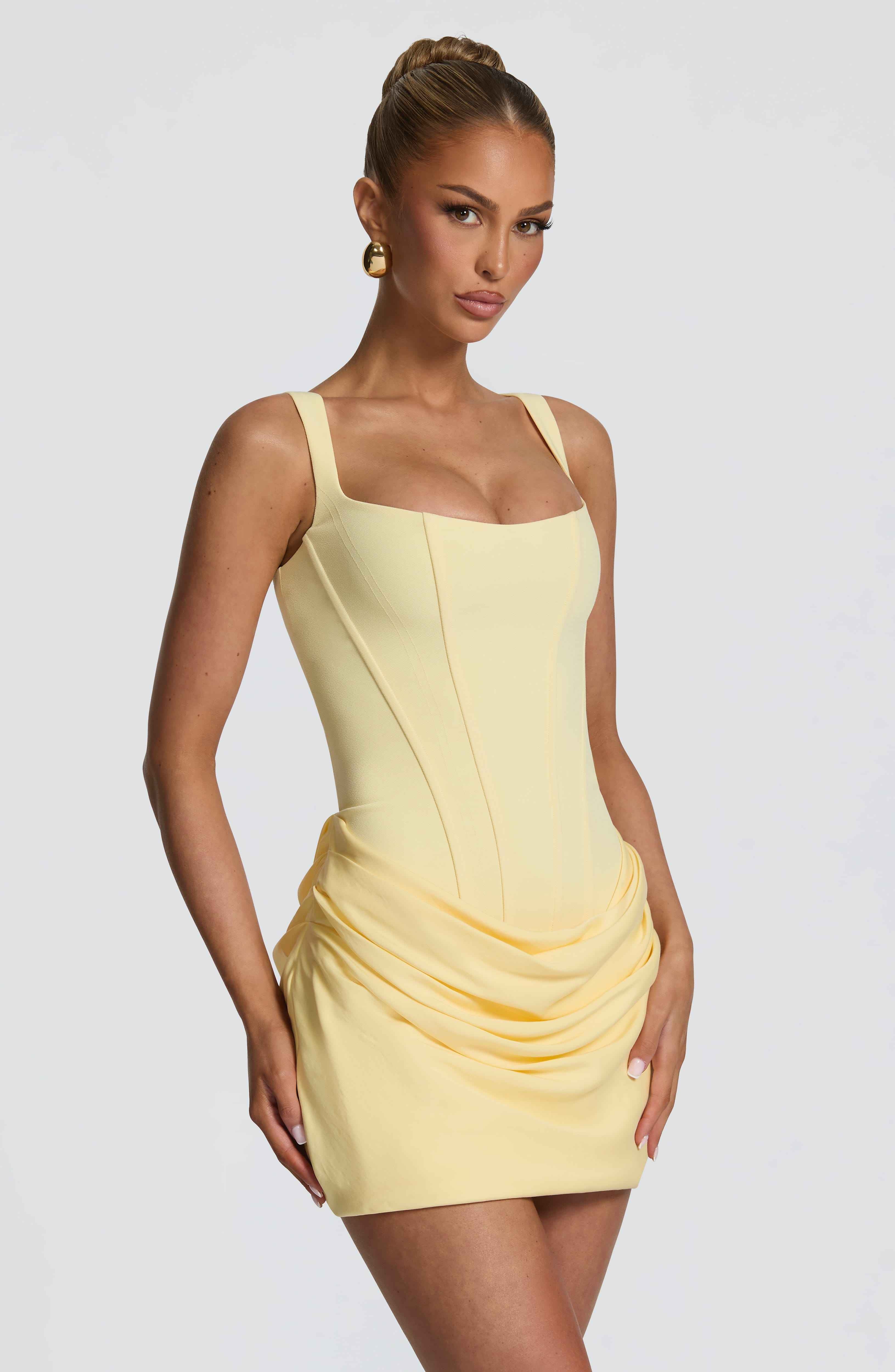 Cornelia Pleated Corset Mini Party Dress - Lemon