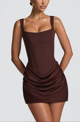 Anelina satin draped Mini Dress in Brown
