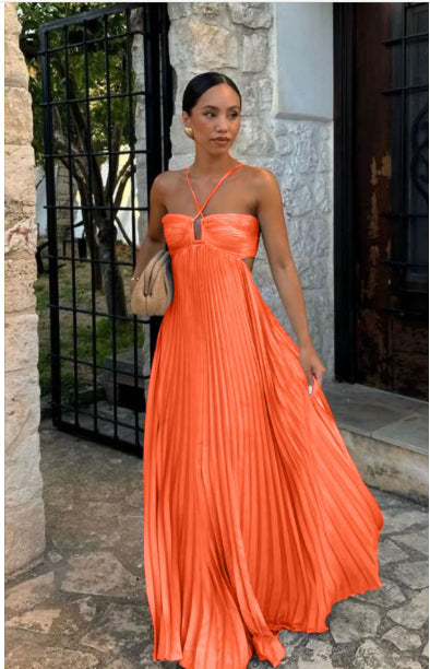 Pleated Sleeveless Maxi Evening Party Dress