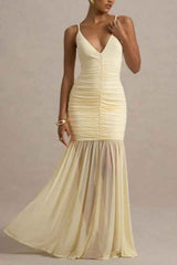 Mermaid Maxi Dress - Pleated Stretch V-Neck