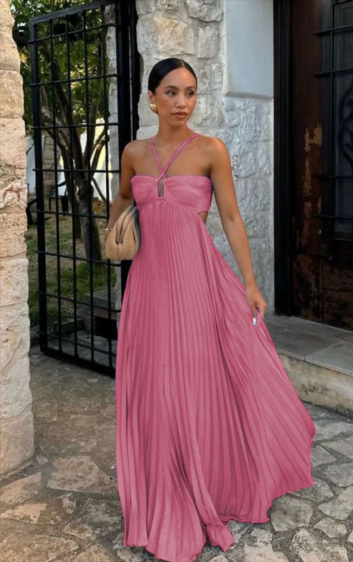 Pleated Sleeveless Maxi Evening Party Dress