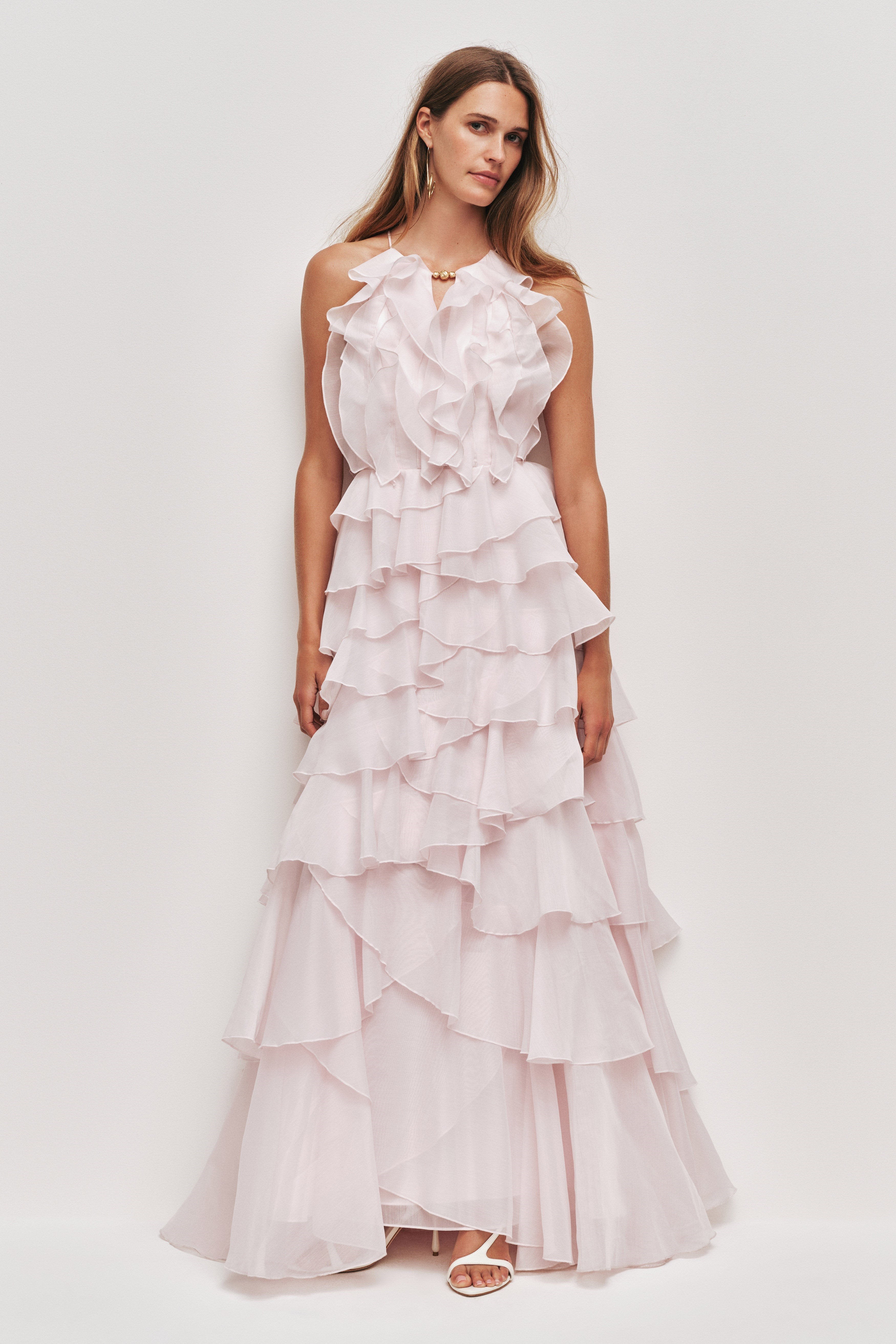 Fırfırlı lace tiered maxi formal dress - Pink