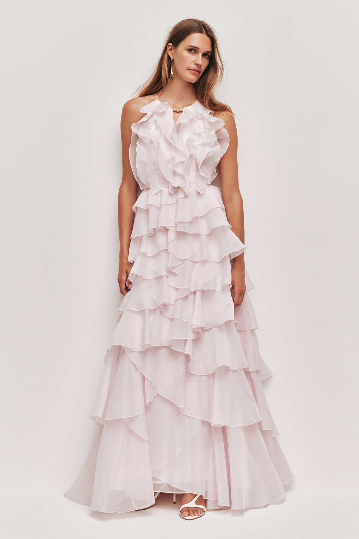 Fırfırlı lace tiered maxi formal dress - Pink