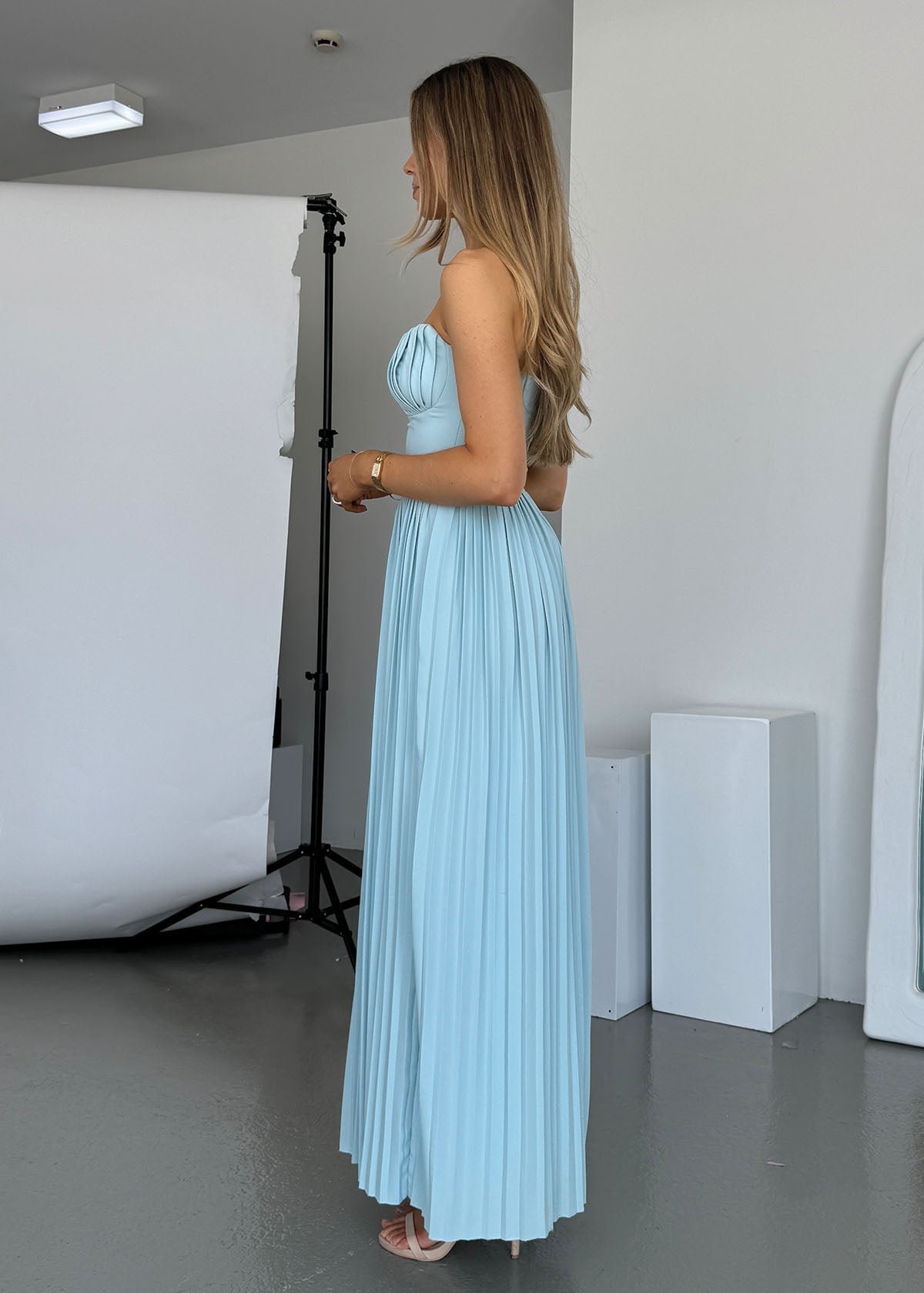 Marcella Pleated Maxi Dress in Ocean Blue