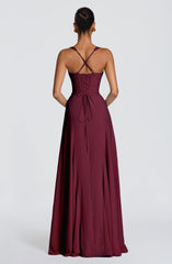 Irie Pleated Lace-Up Maxi Evening Dress - Cherry Lacquer