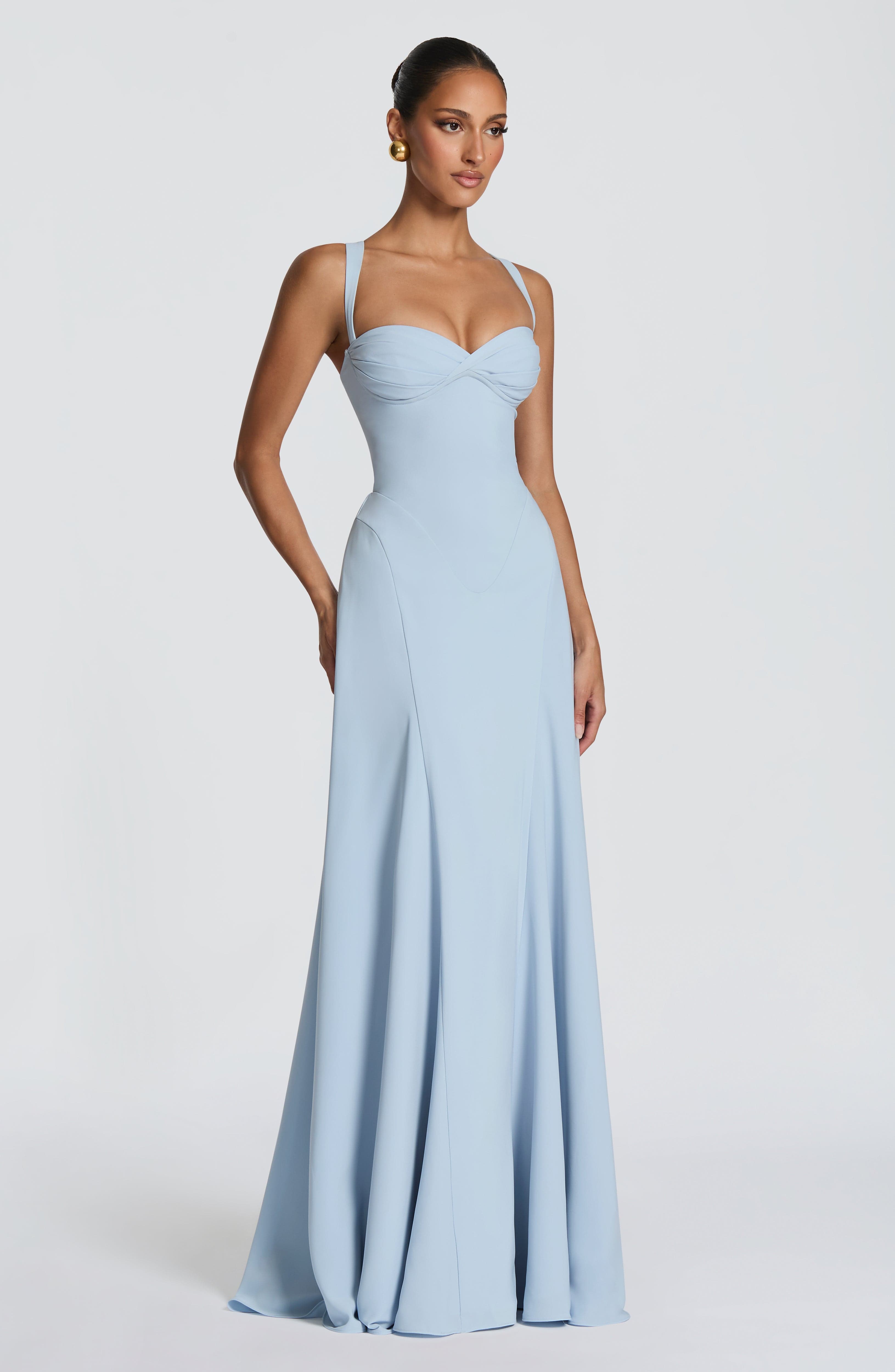 Irie Pleated Fitted Maxi Wedding Guest Dress - Glacier Blue