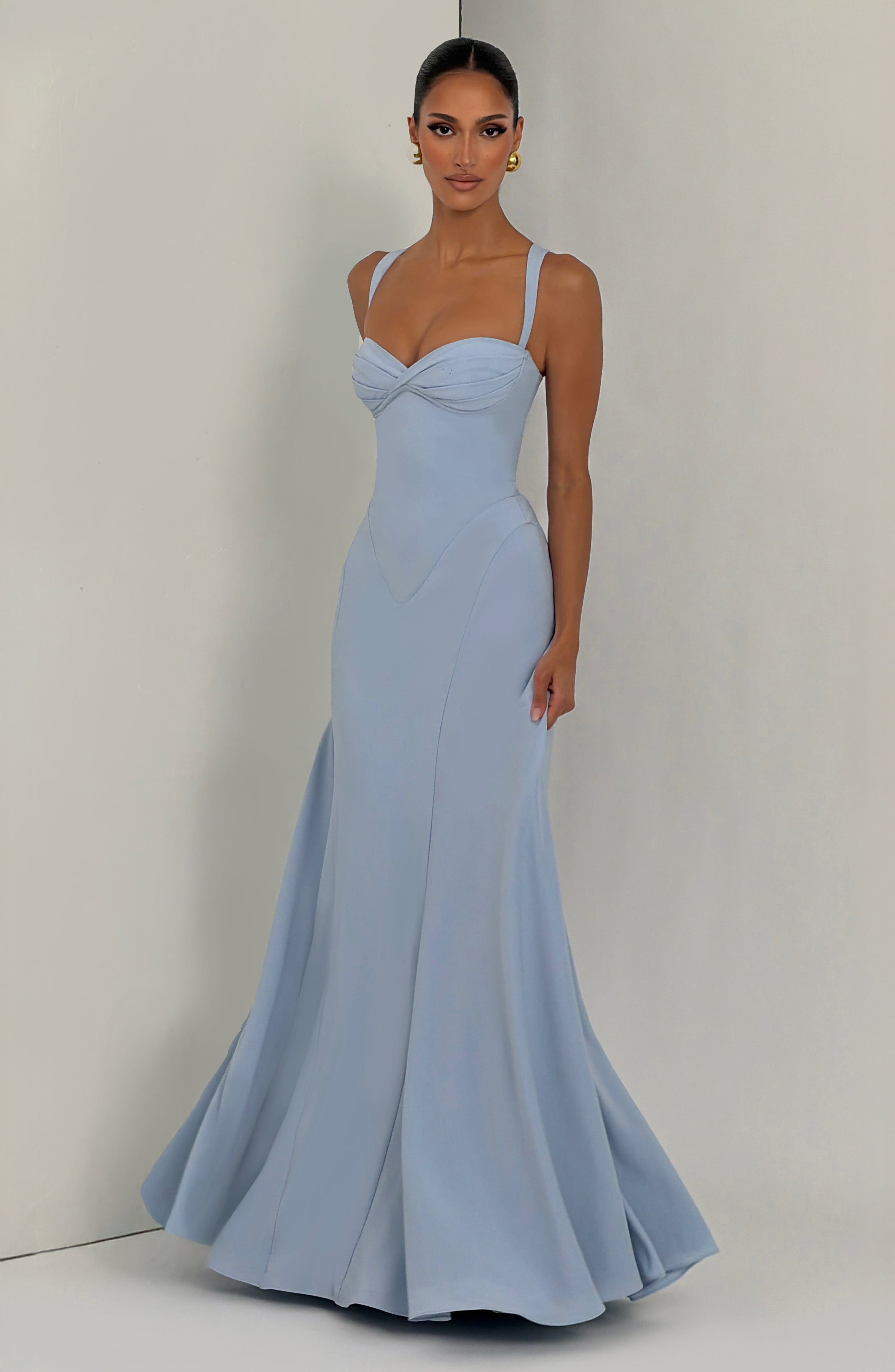 Irie Pleated Fitted Maxi Wedding Guest Dress - Glacier Blue