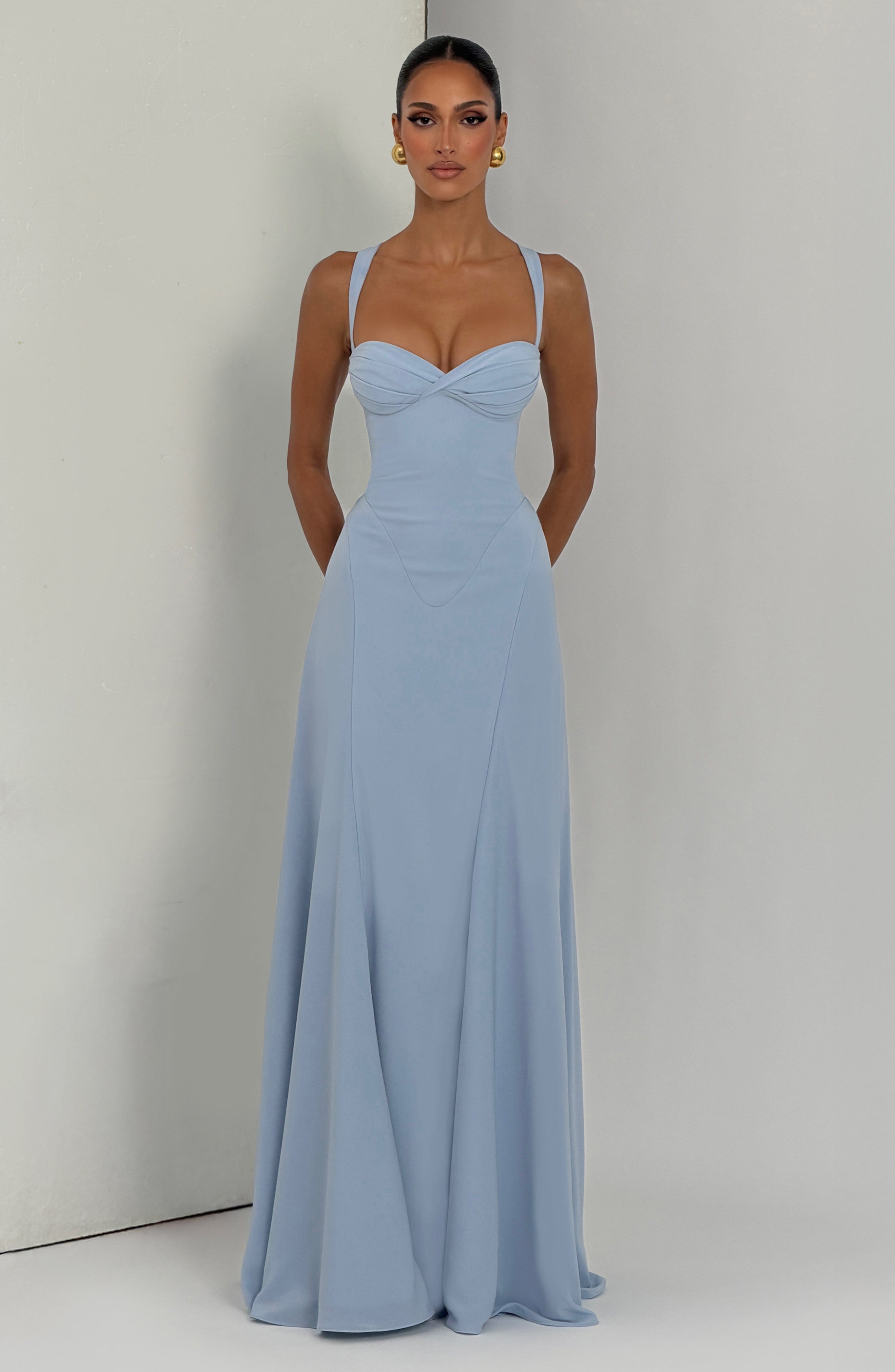 Irie Pleated Fitted Maxi Wedding Guest Dress - Glacier Blue