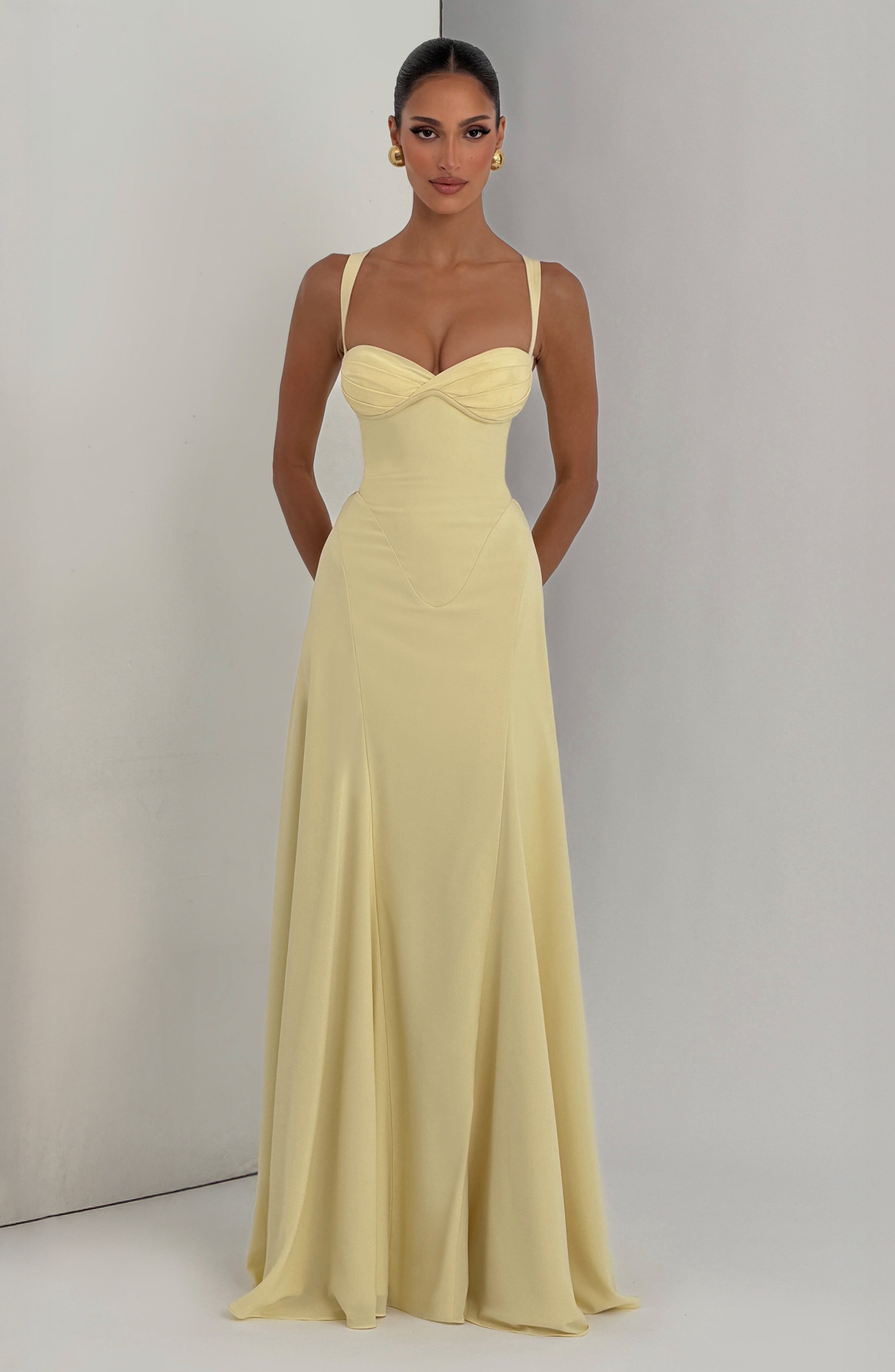 Irie Pleated Satin Maxi Summer Dress - Lemon