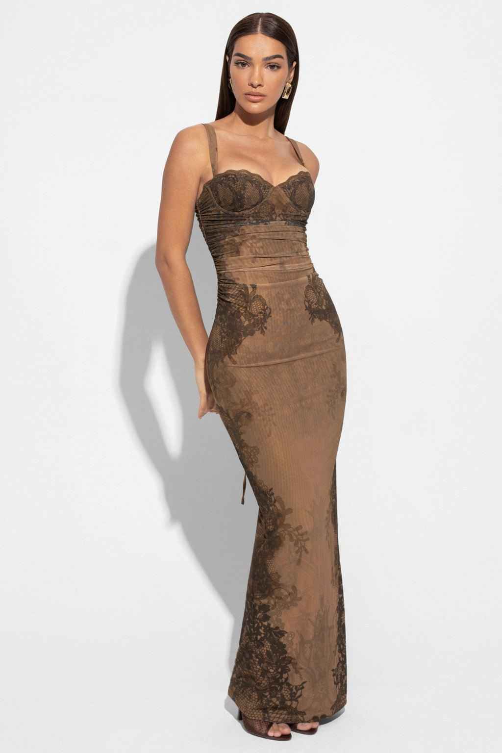 Lucille Corset Detail Maxi Dress in Lace Print