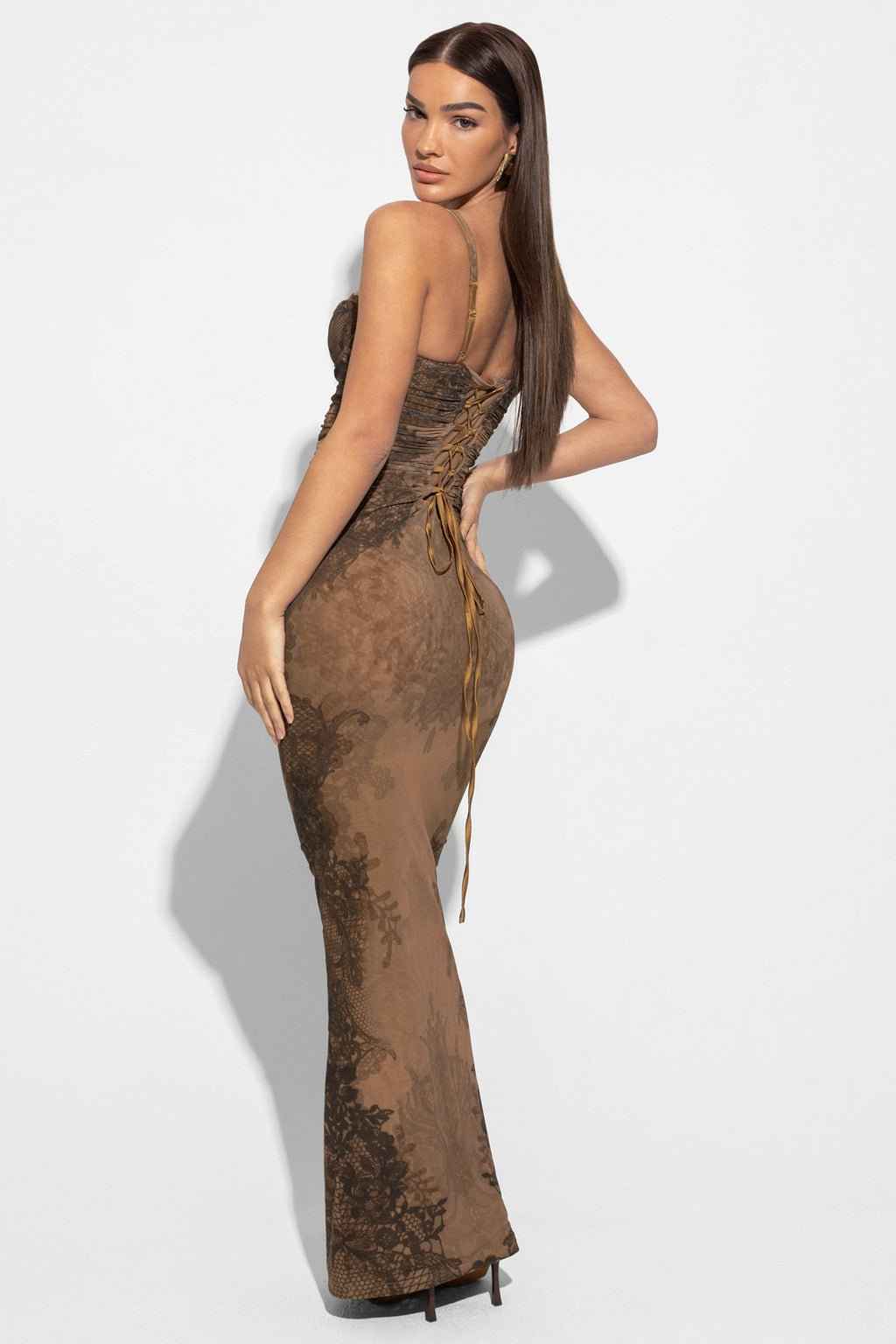 Lucille Corset Detail Maxi Dress in Lace Print