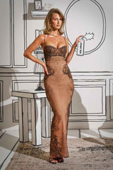 Lucille Corset Detail Maxi Dress in Lace Print