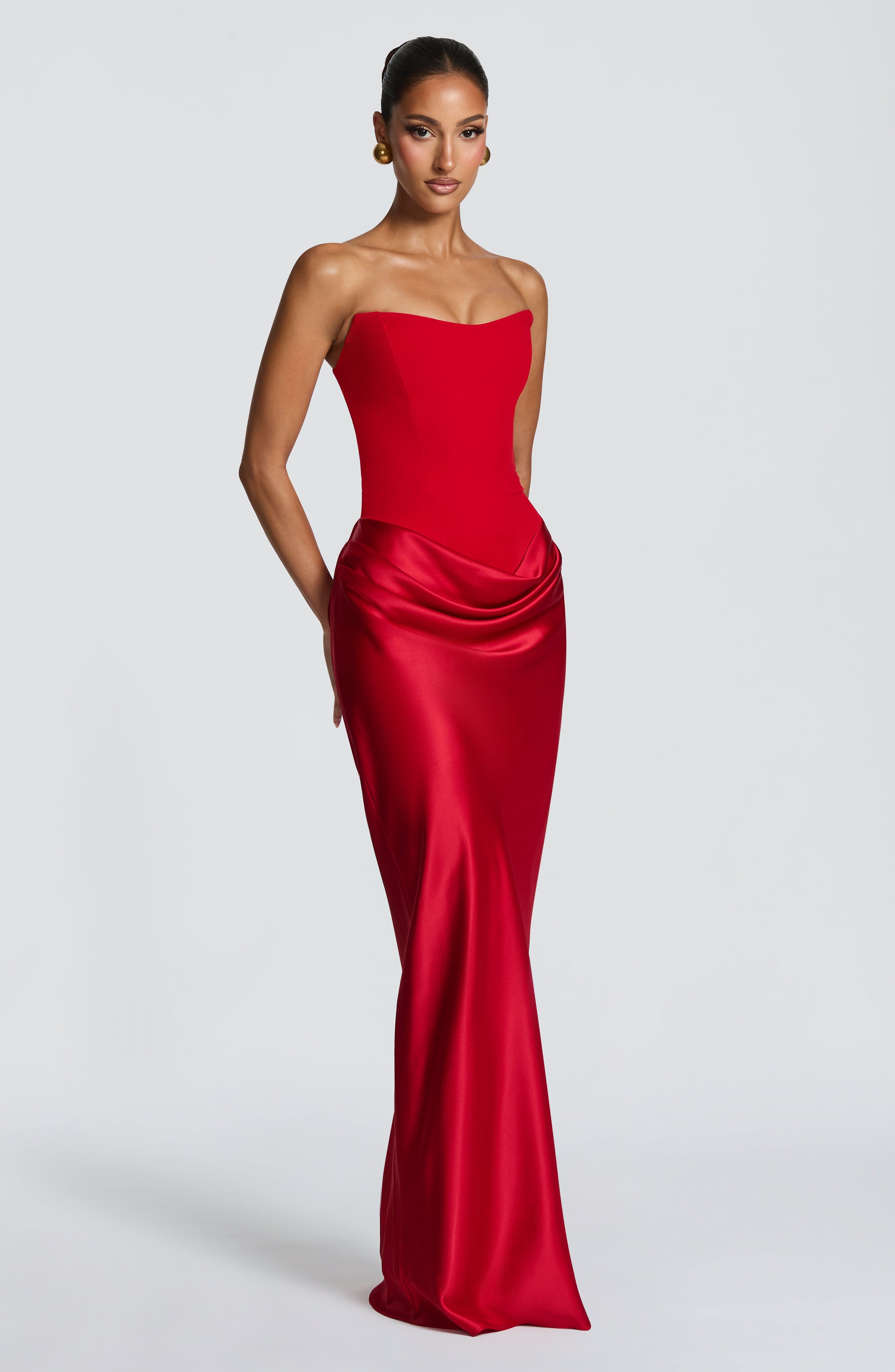 Maggie Strapless Pleated Maxi Evening Dress - Red