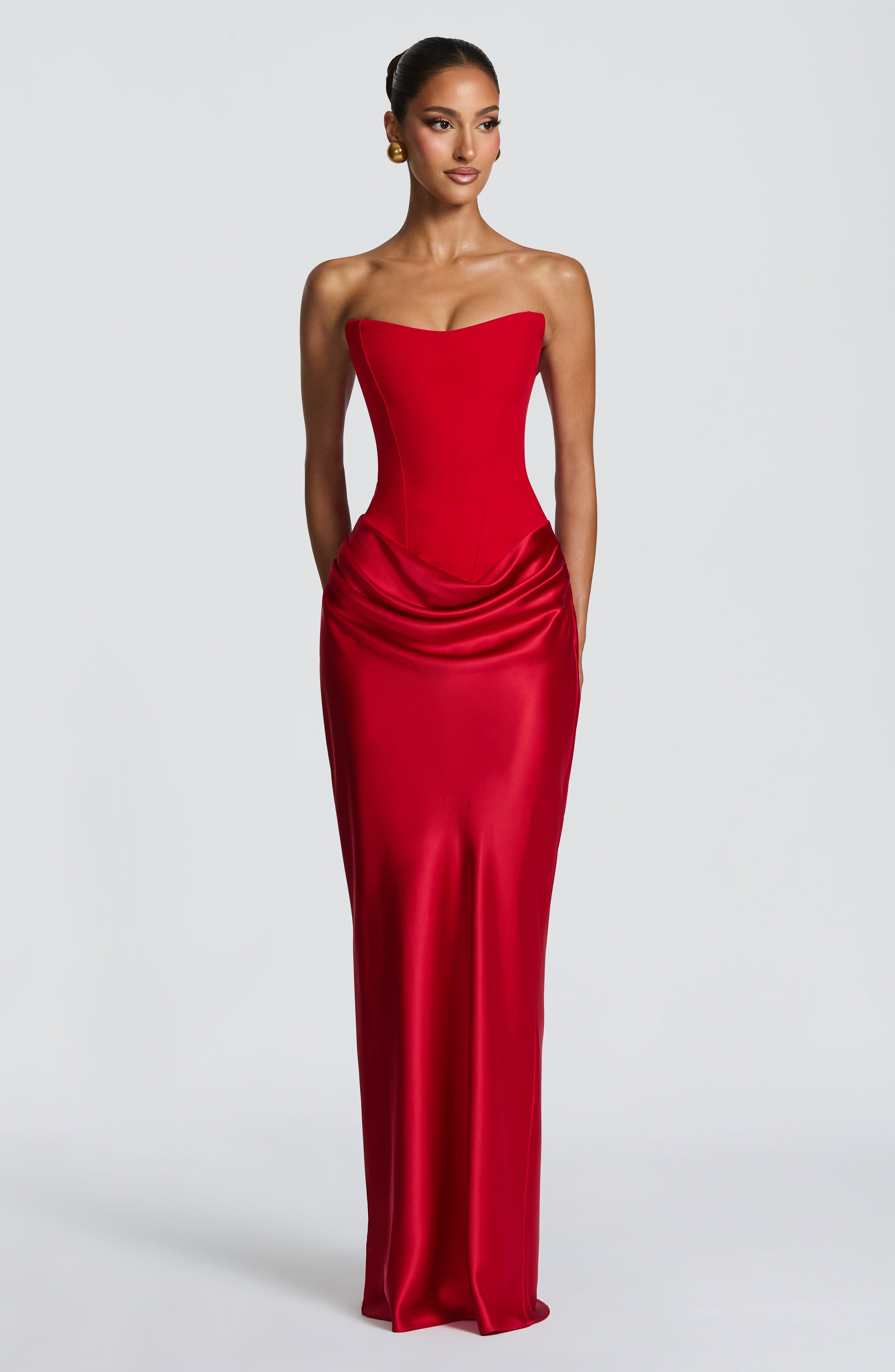 Maggie Strapless Pleated Maxi Evening Dress - Red