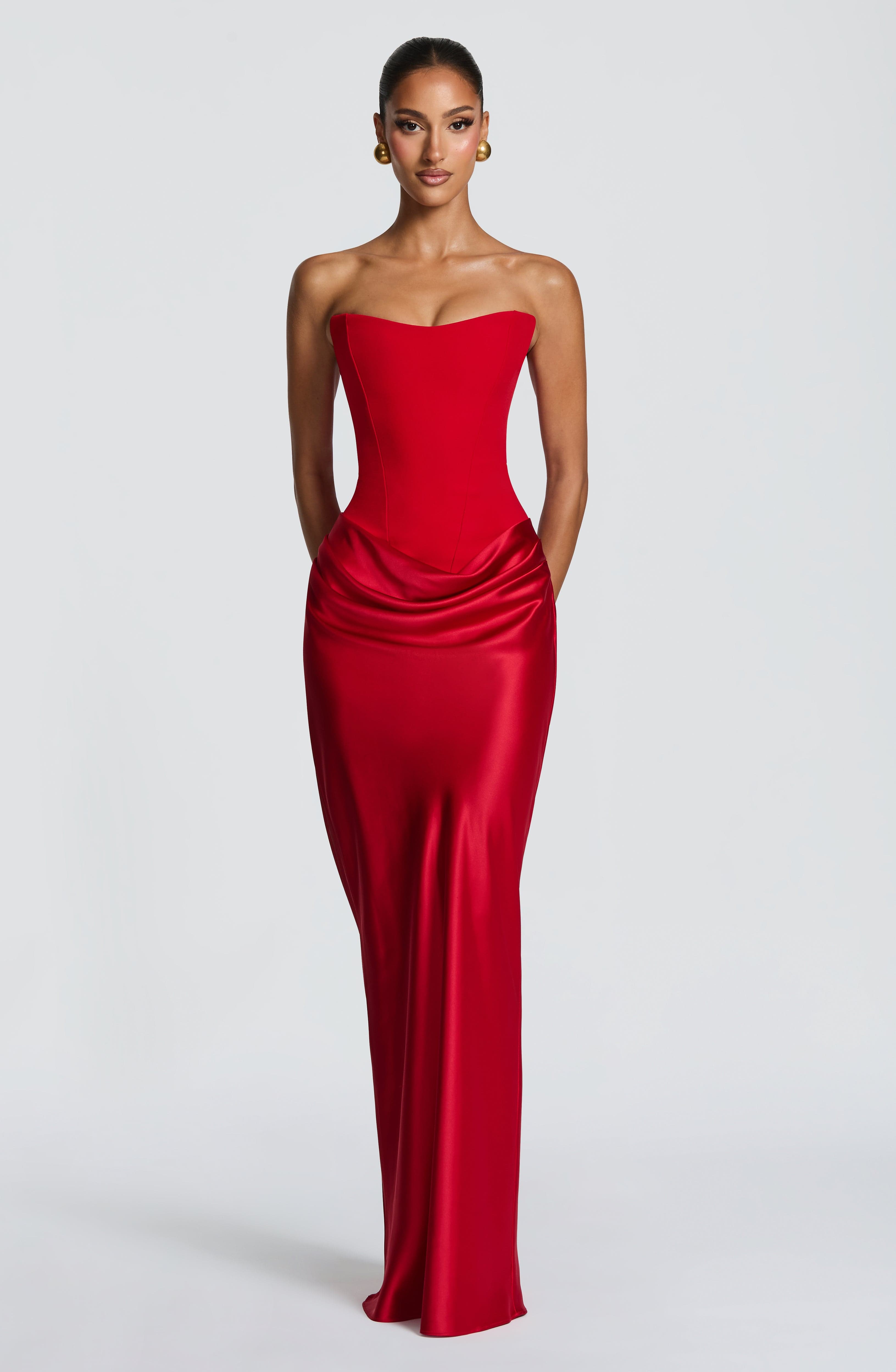 Maggie Strapless Pleated Maxi Evening Dress - Red