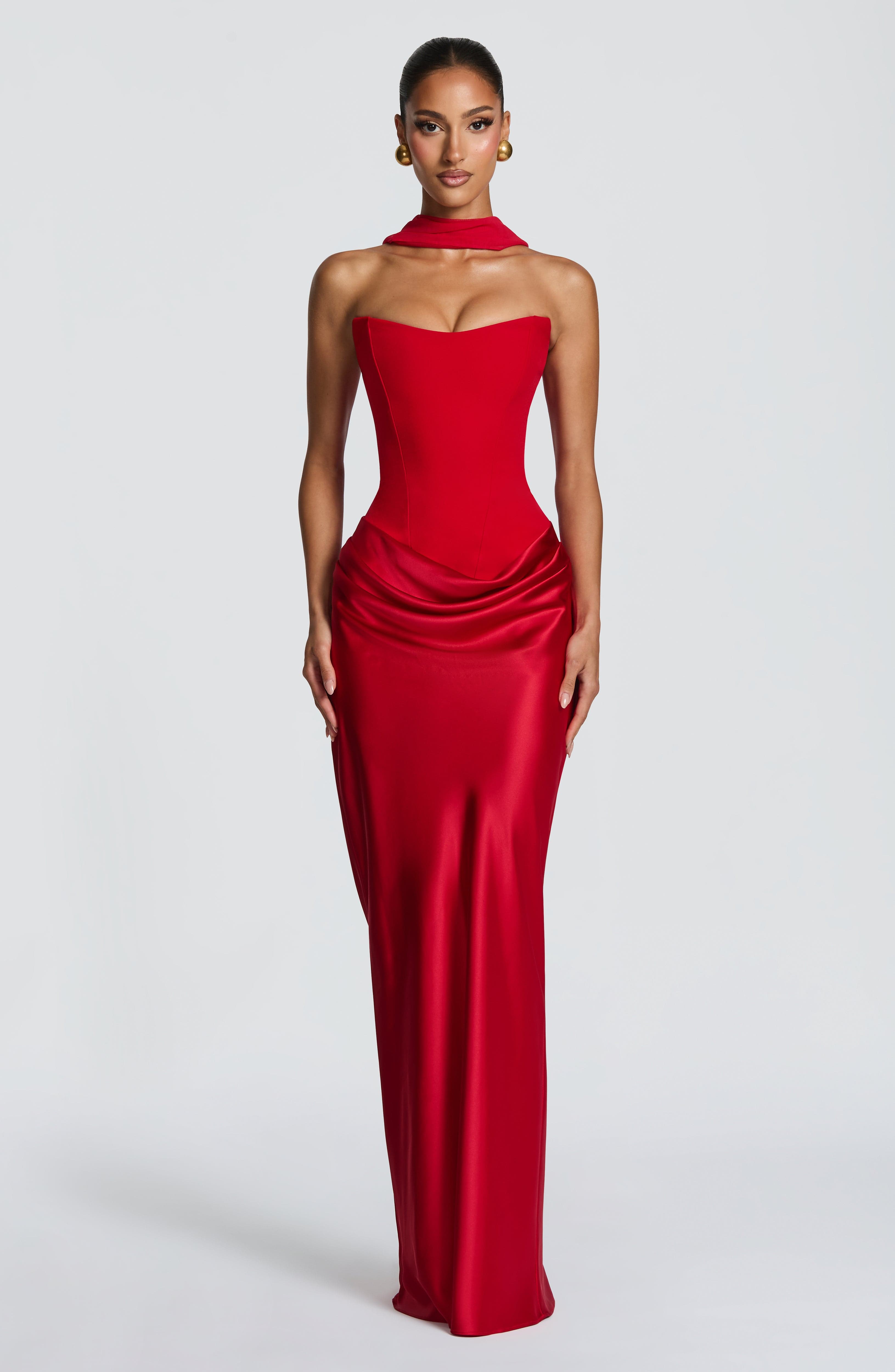 Maggie Strapless Pleated Maxi Evening Dress - Red