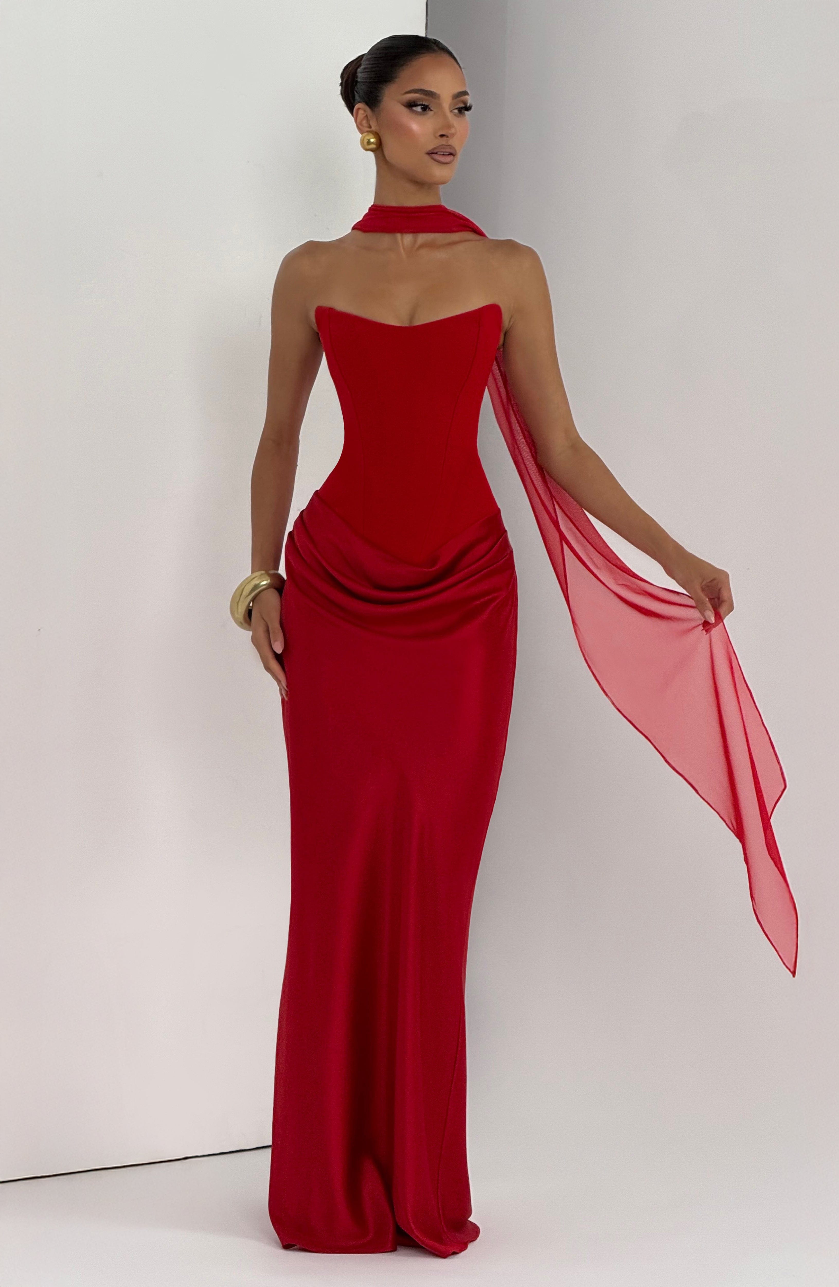 Maggie Strapless Pleated Maxi Evening Dress - Red