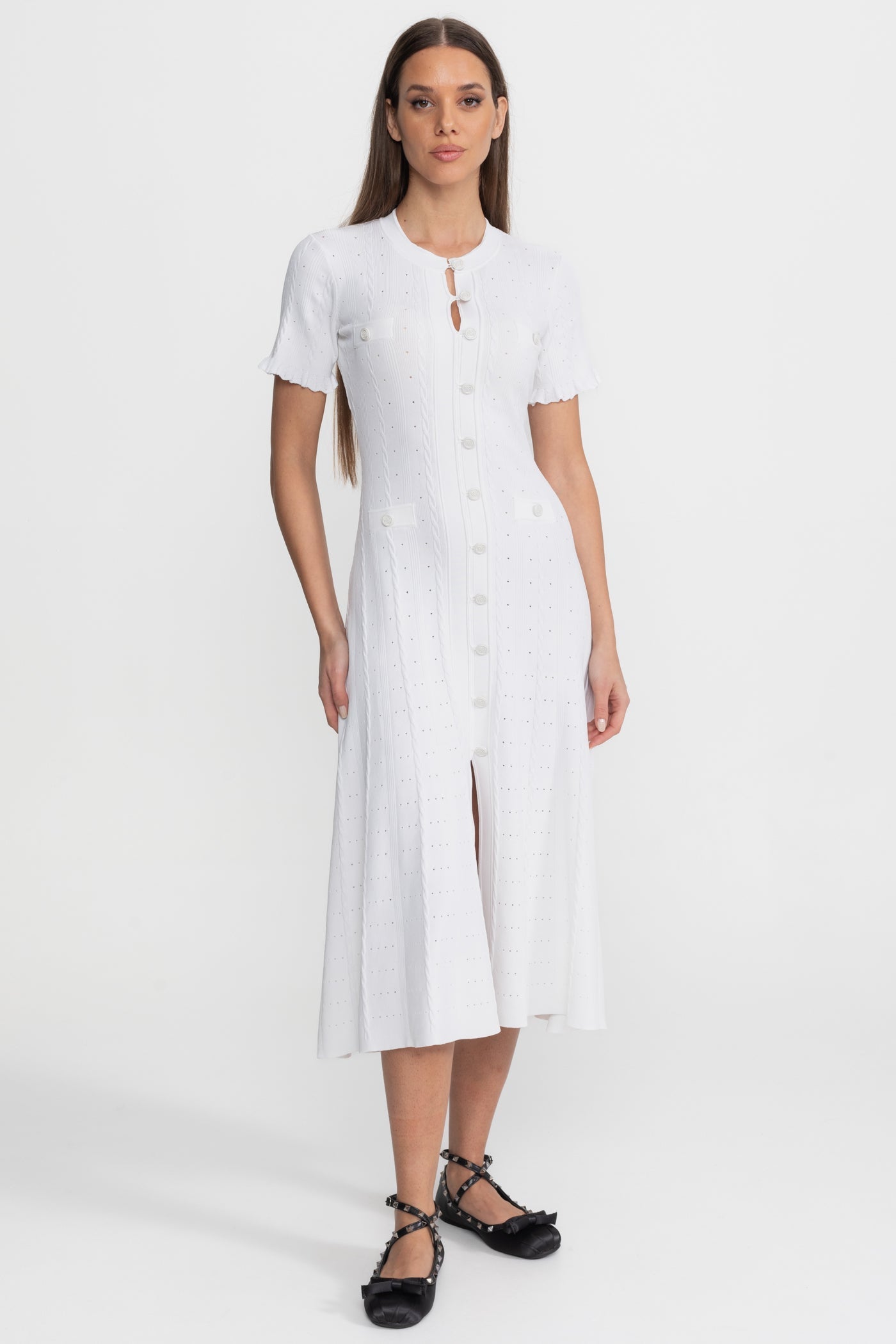 Knit Button-Front Midi Dress with Scalloped Sleeves White