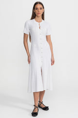 Knit Button-Front Midi Dress with Scalloped Sleeves White