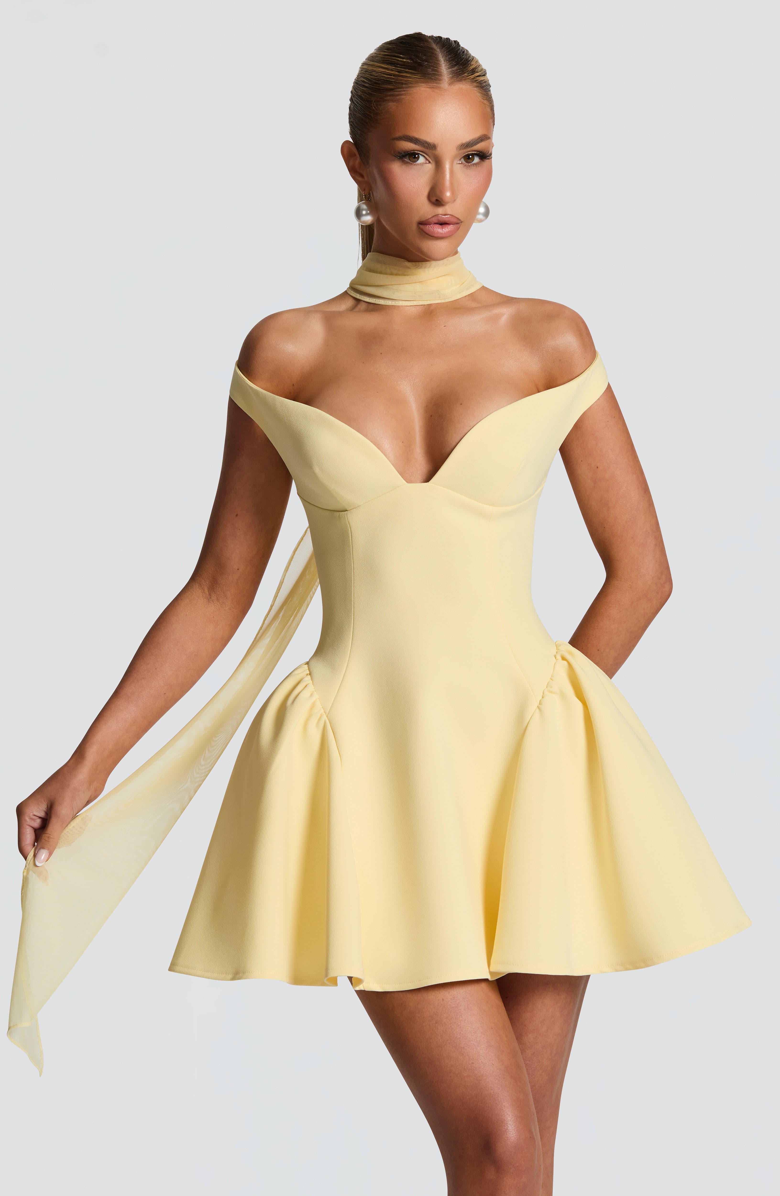 Marla Plunging Bardot Mini Party Dress - Lemon