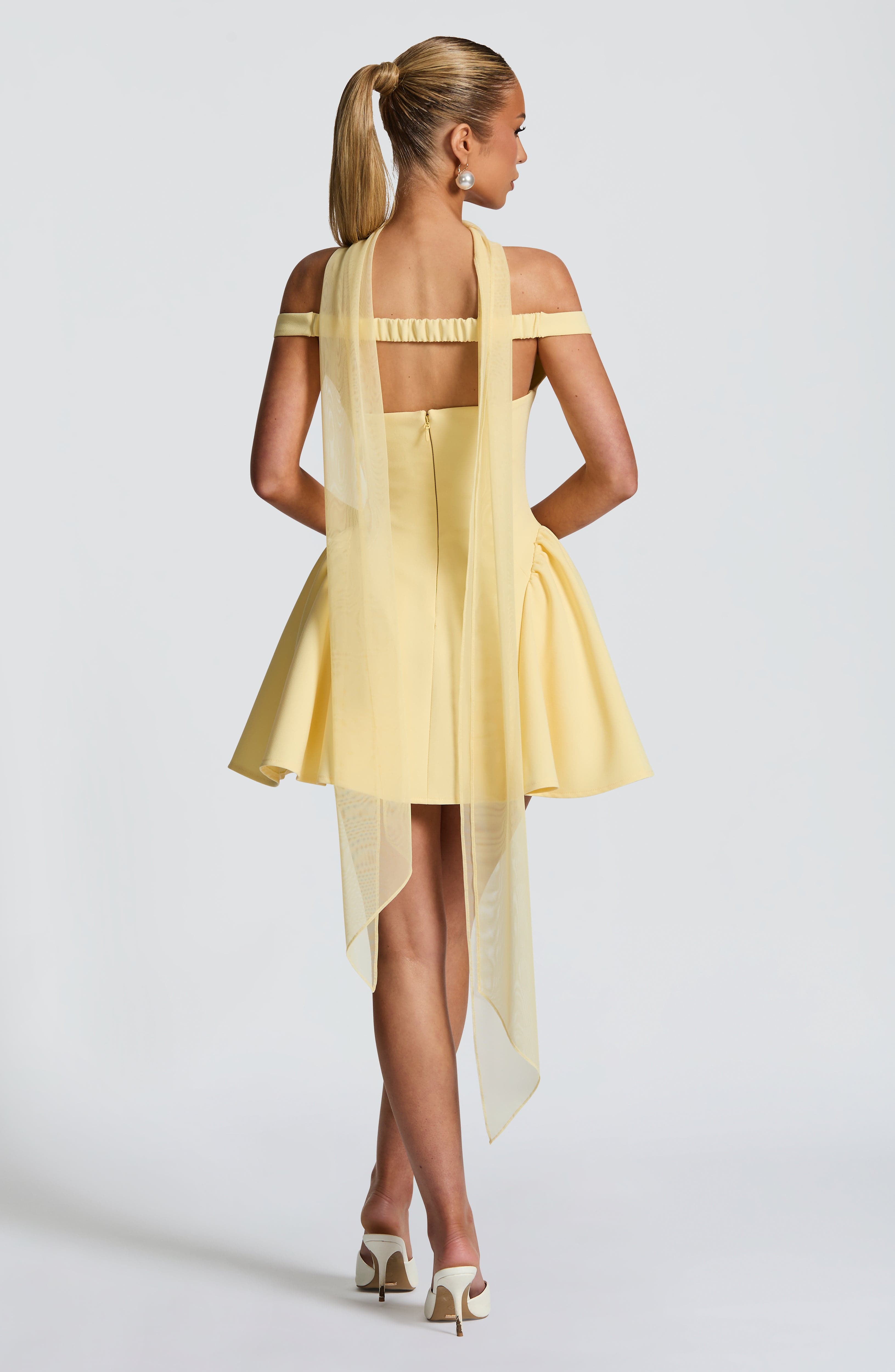 Marla Plunging Bardot Mini Party Dress - Lemon