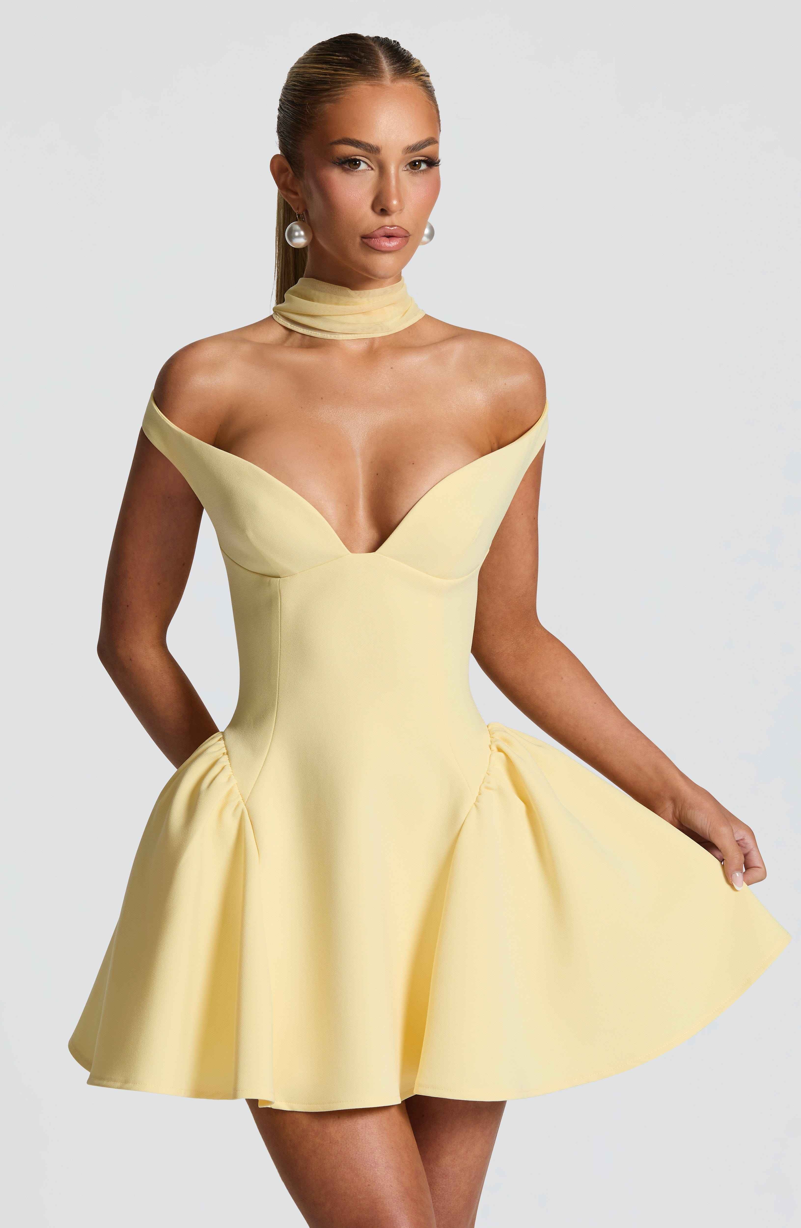Marla Plunging Bardot Mini Party Dress - Lemon