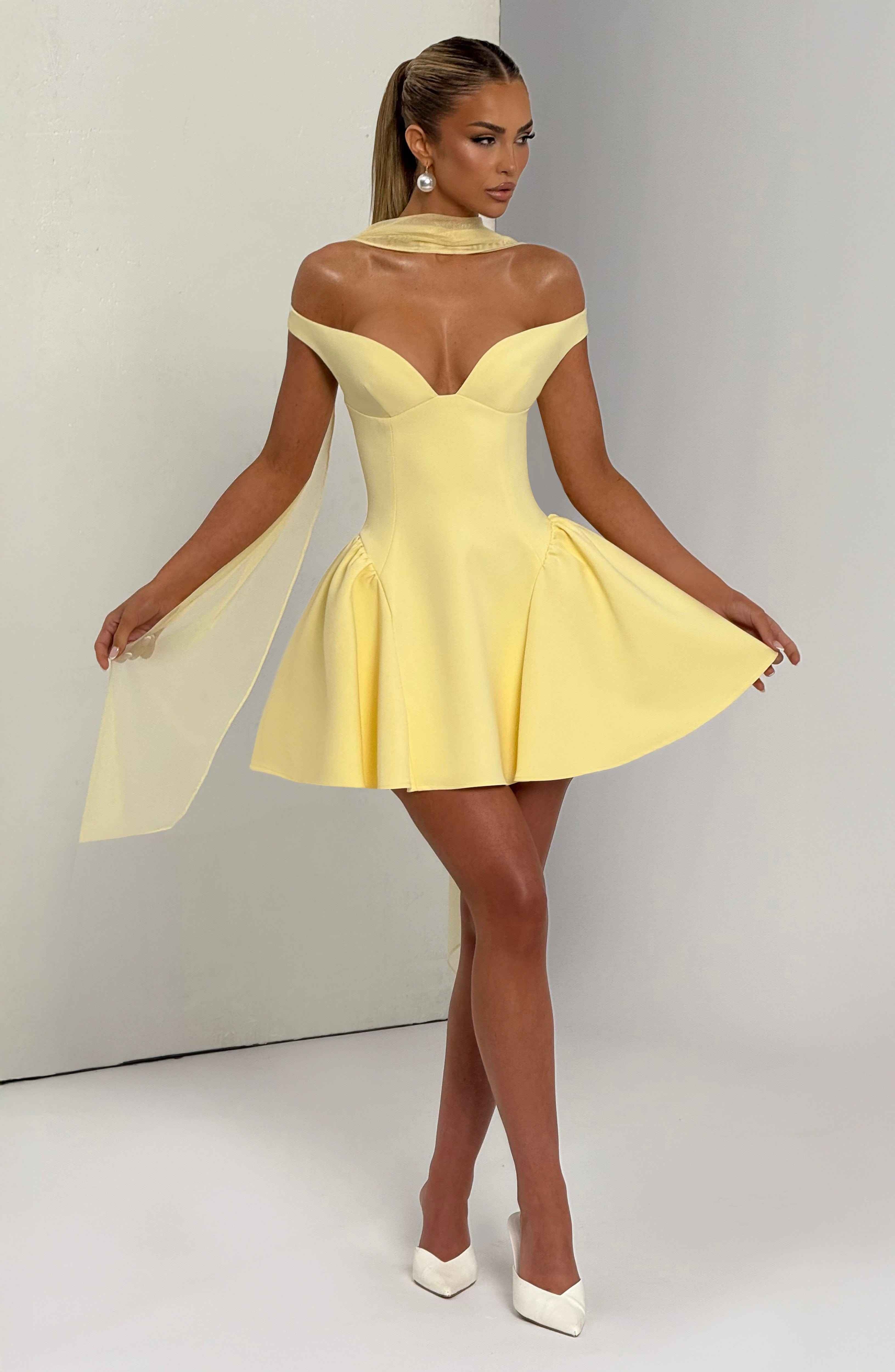 Marla Plunging Bardot Mini Party Dress - Lemon