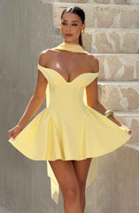 Marla Plunging Bardot Mini Party Dress - Lemon