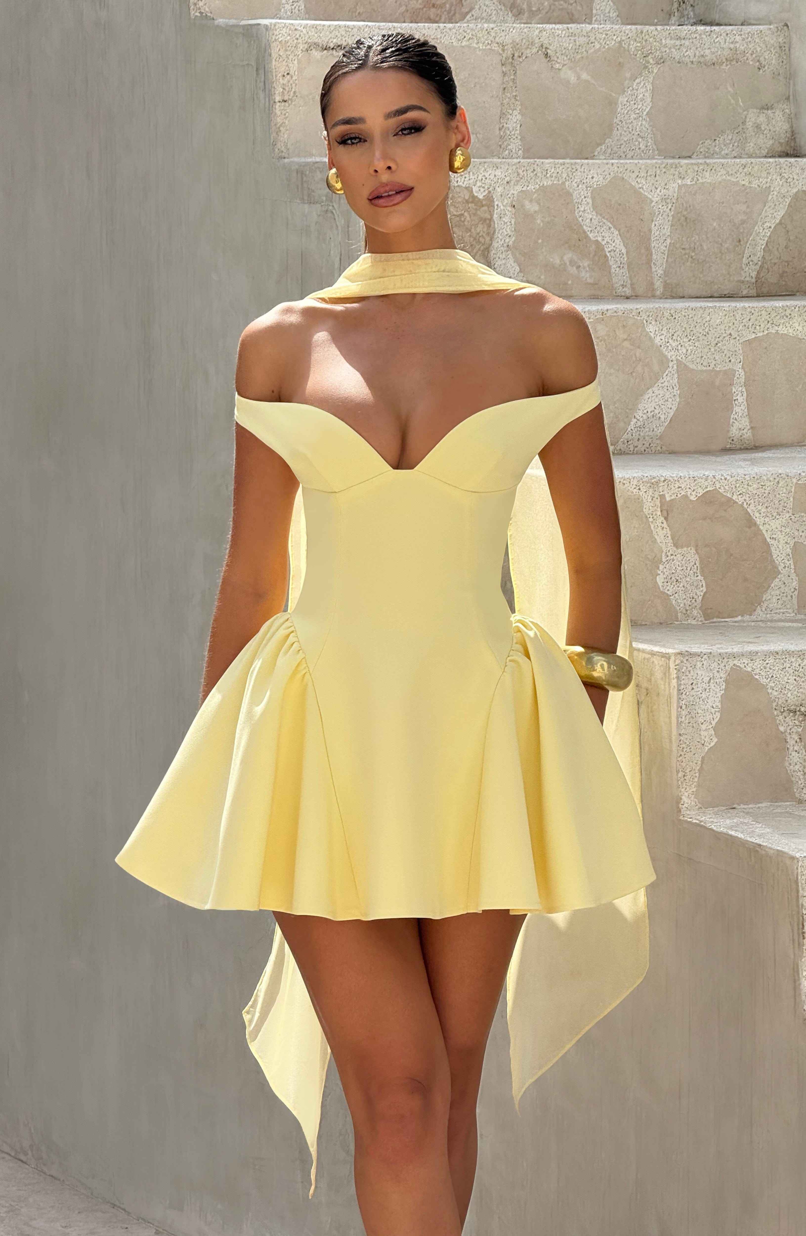 Marla Plunging Bardot Mini Party Dress - Lemon
