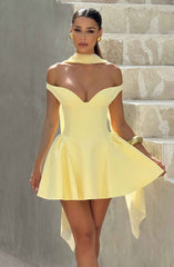 Marla Plunging Bardot Mini Party Dress - Lemon