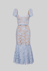 Short Sleeved Lace Dress With Delicate Matching Waist Belt - Blue