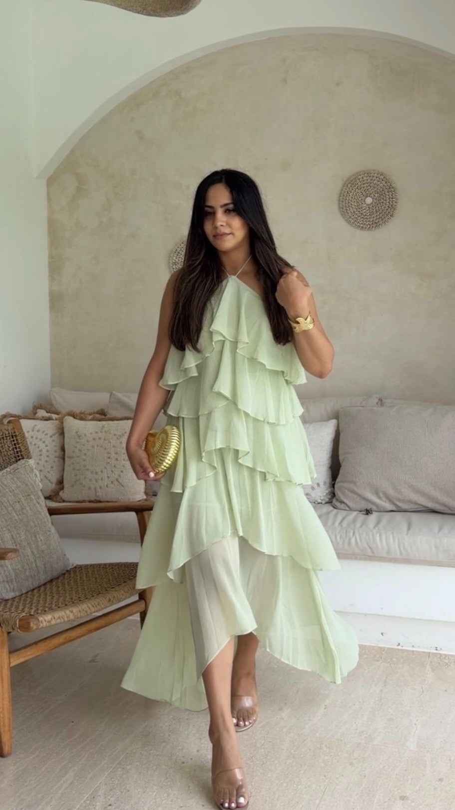 HALTER FRILL MAXI EVENING PARTY DRESS