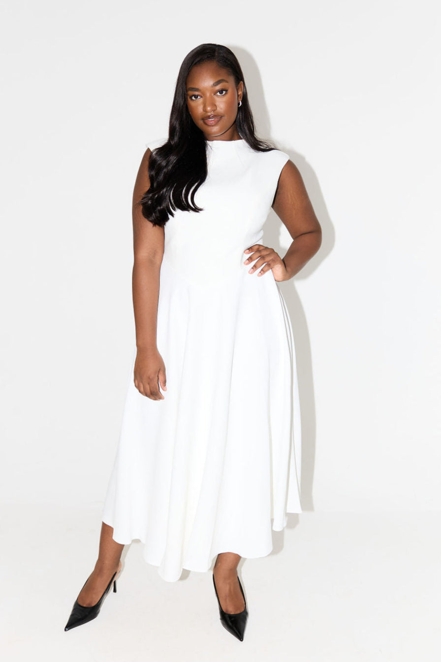 Aimee's V-Shaped Sleeveless Midi Party Dress - White
