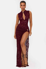 Onyx Wine Lace Keyhole Maxi Dress