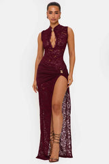 Onyx Wine Lace Keyhole Maxi Dress