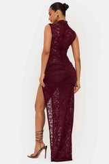 Onyx Wine Lace Keyhole Maxi Dress